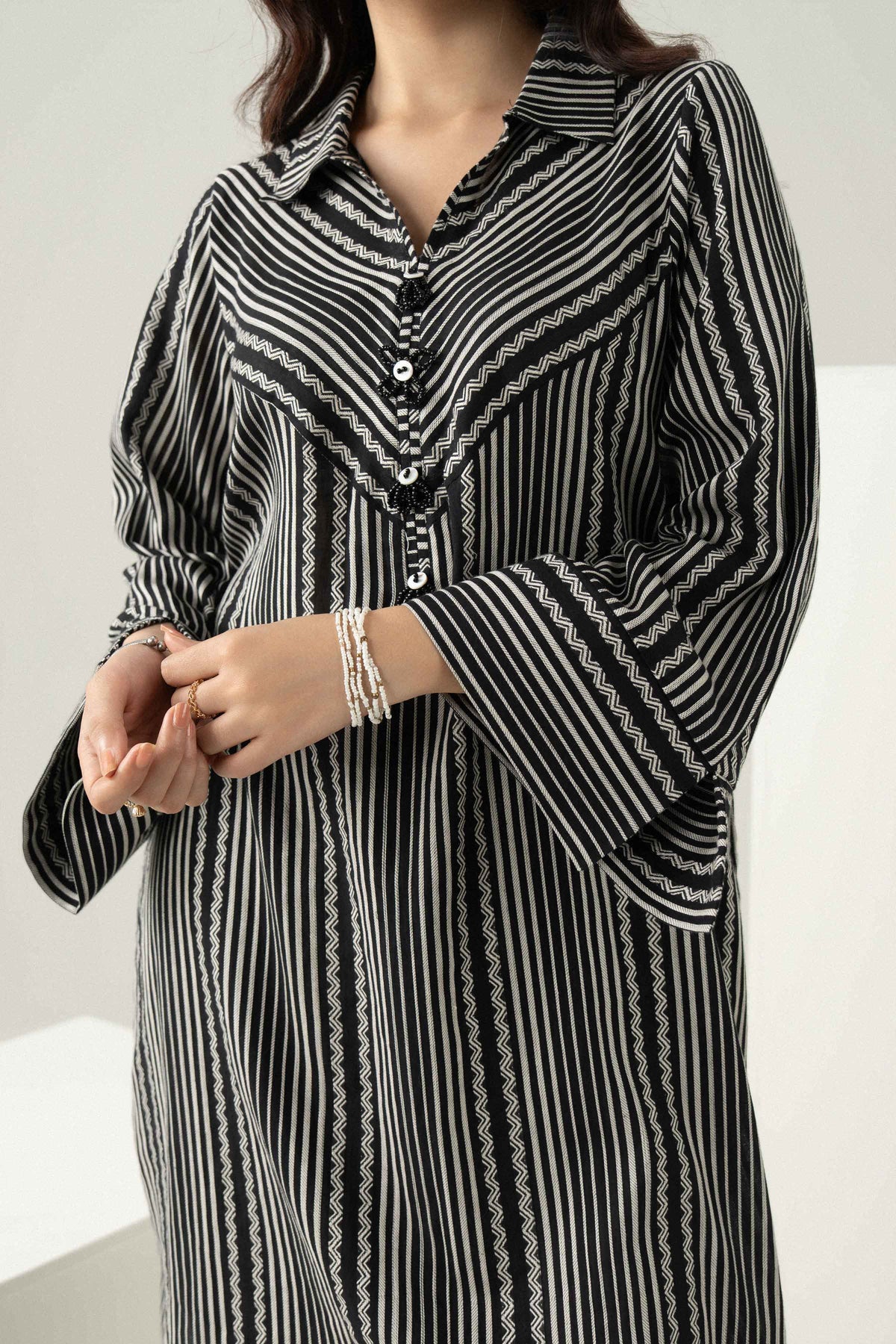 Nishat UK - Black Printed Stripe Twill Yarn Dyed 2 Pieces ready to wear Dress