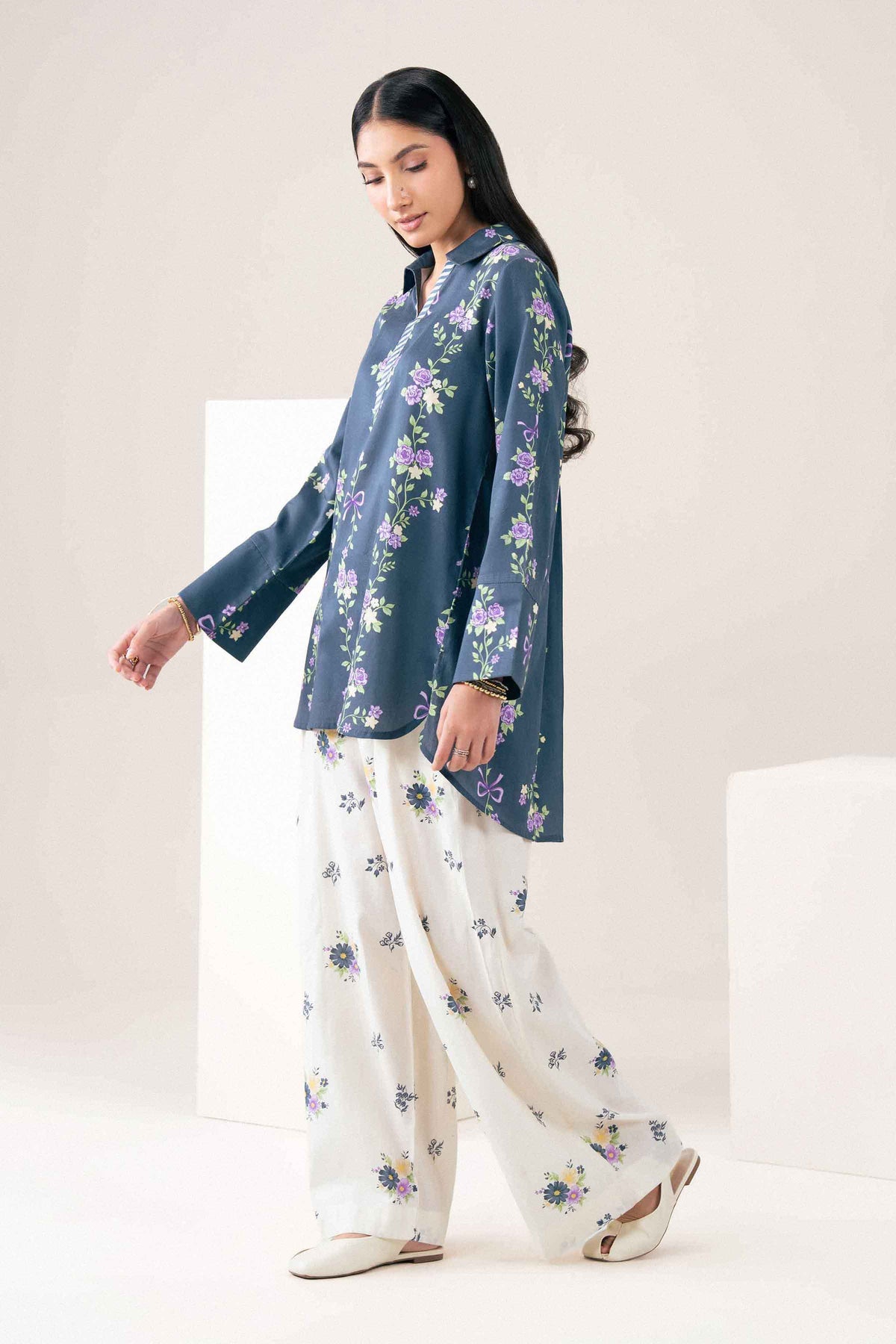 Nishat UK - Blue Printed Satin 2 Pieces ready to wear Dress