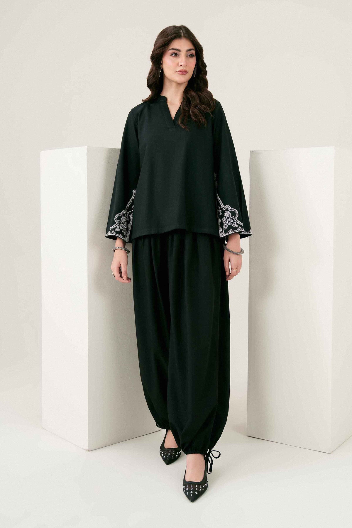 Nishat UK - Black Embroidered Yarn Dyed 1 Piece ready to wear 
