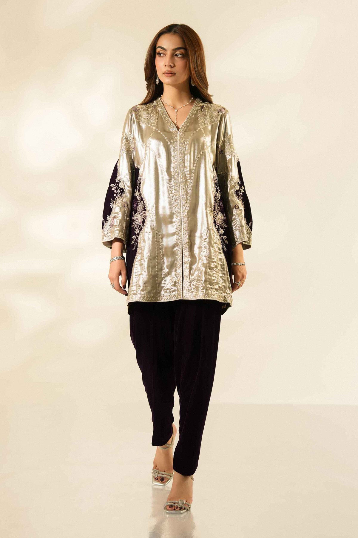 Nishat UK - Grey Embroidered Tissue Silk + Velvet 2 Pieces ready to wear luxury Dress