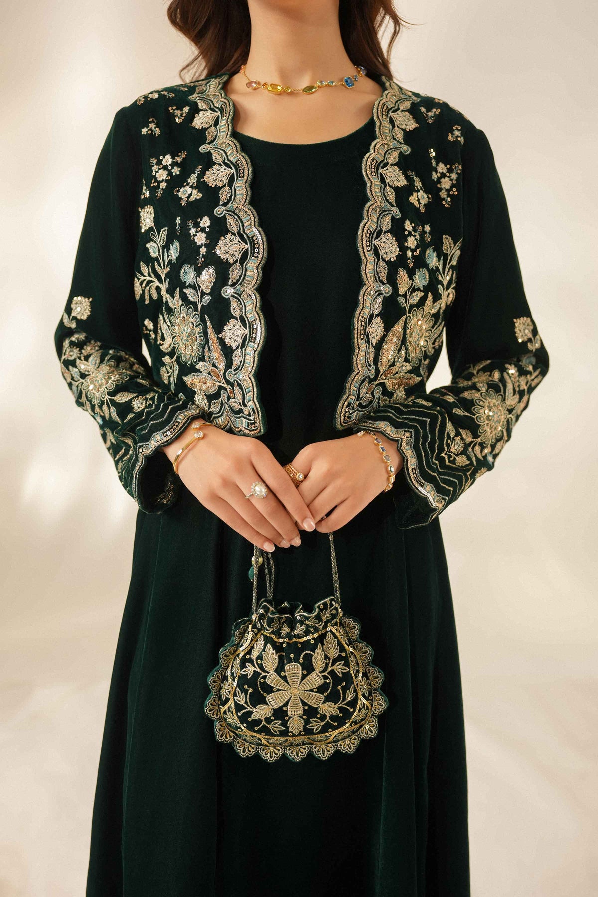 Nishat UK - Green Embroidered Velvet 2 Pieces ready to wear Dress