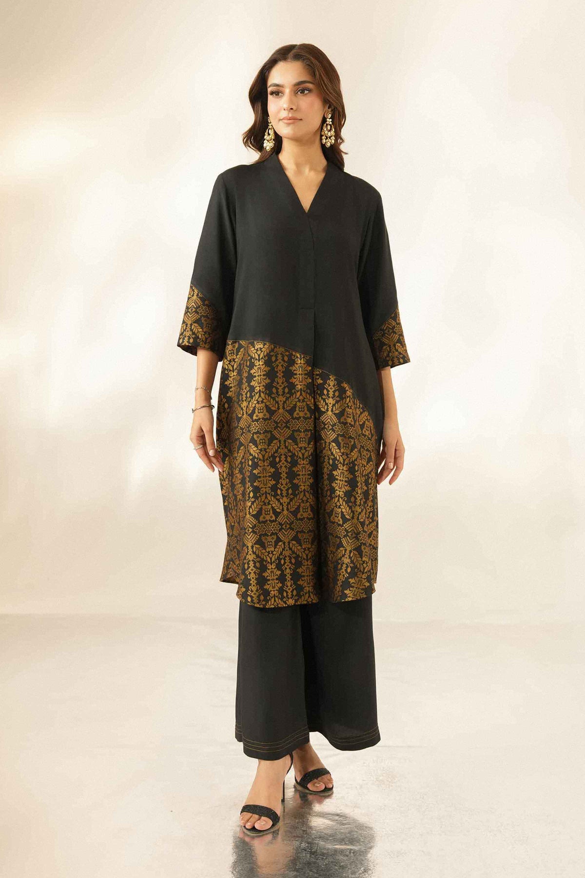 Nishat UK - Black Printed Silk 2 Pieces ready to wear Dress