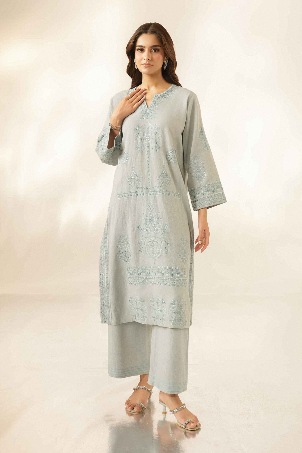 Nishat UK - Grey Embroidered Irish Linen 2 Pieces ready to wear luxury suit