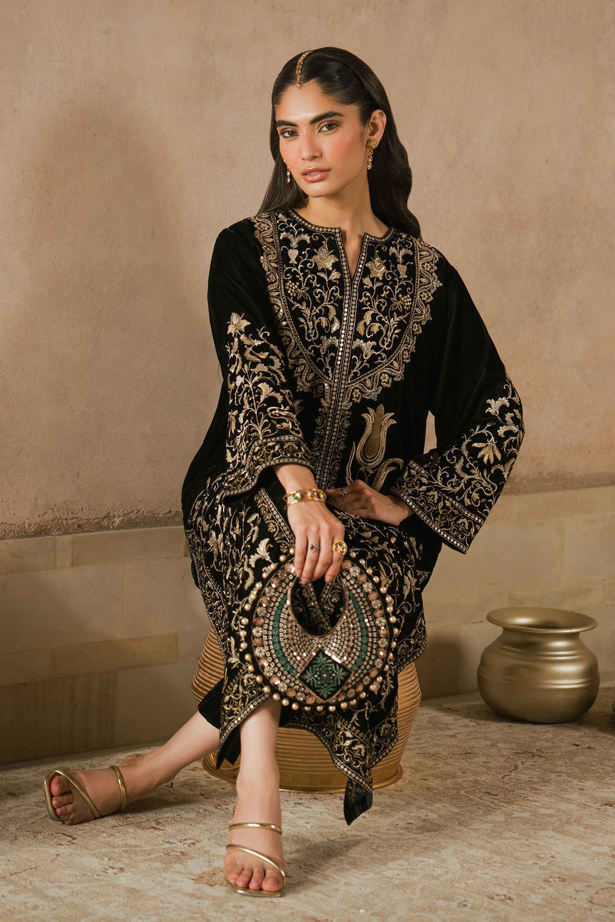 Nishat UK - Black Embroidered Velvet 2 Pieces ready to wear Dress