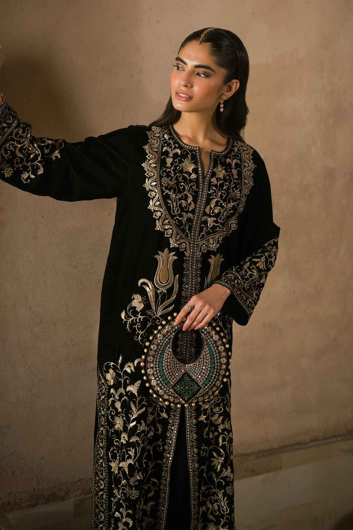 Nishat UK - Black Embroidered Velvet 2 Pieces ready to wear Dress