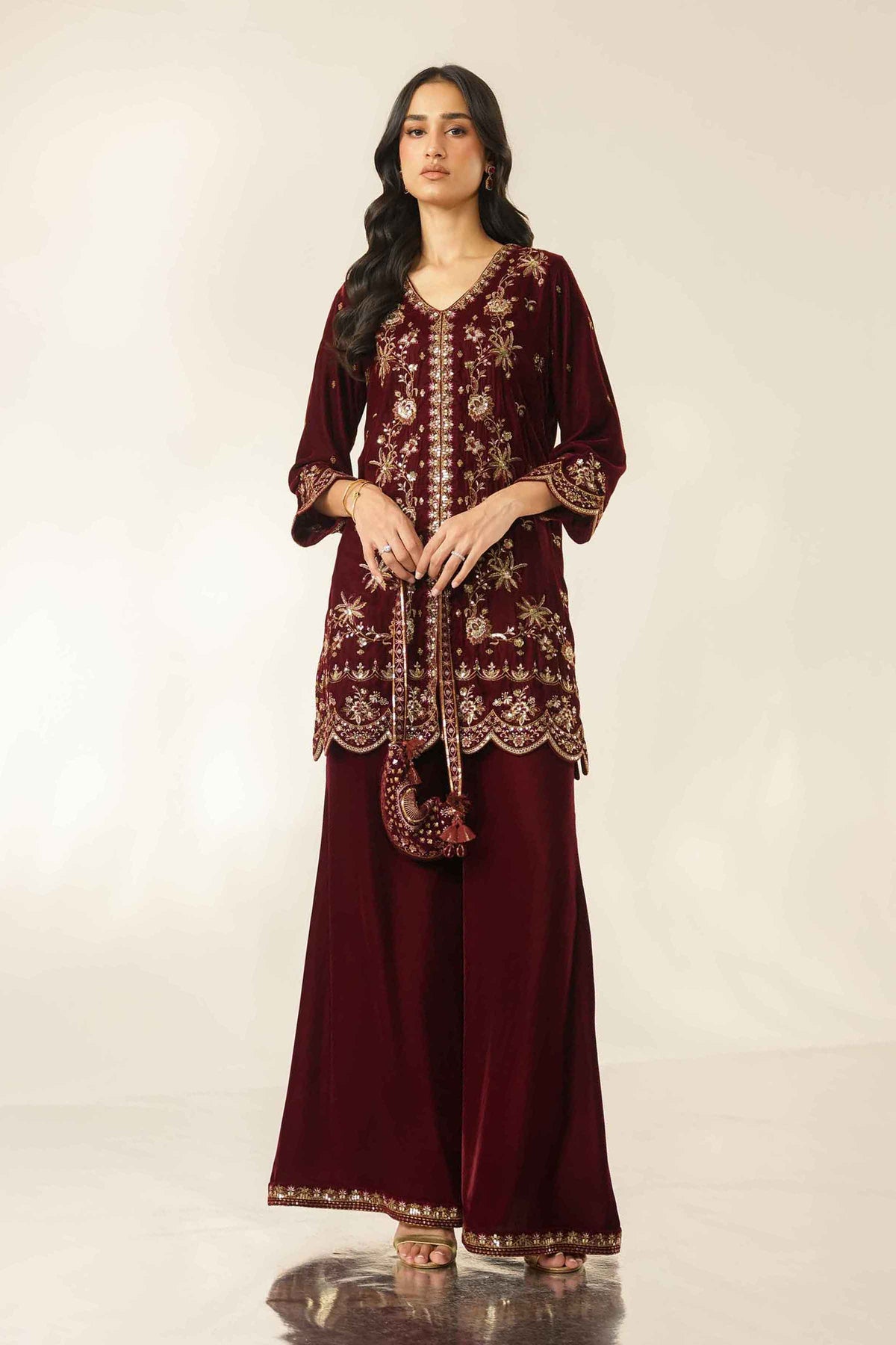 Nishat UK - Red Embroidered Velvet 2 Pieces ready to wear Dress
