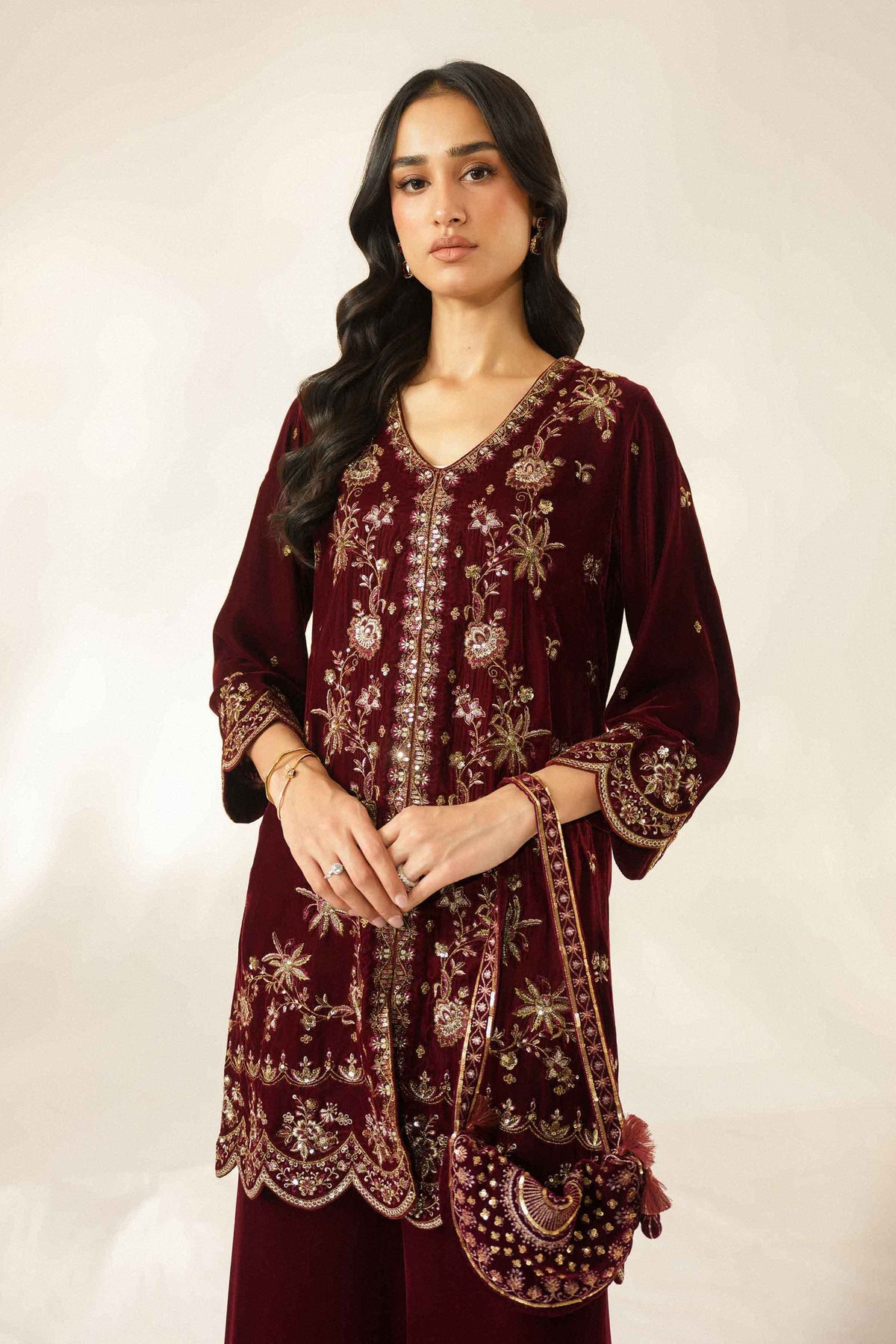 Nishat UK - Red Embroidered Velvet 2 Pieces ready to wear Dress