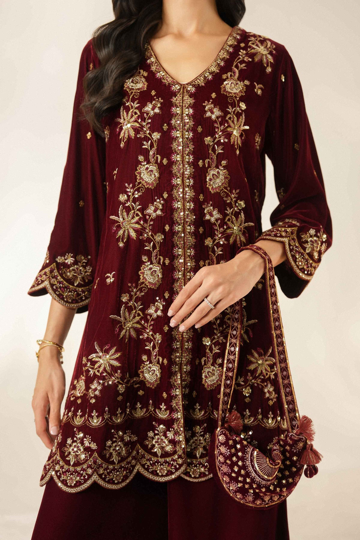 Nishat UK - Red Embroidered Velvet 2 Pieces ready to wear Dress