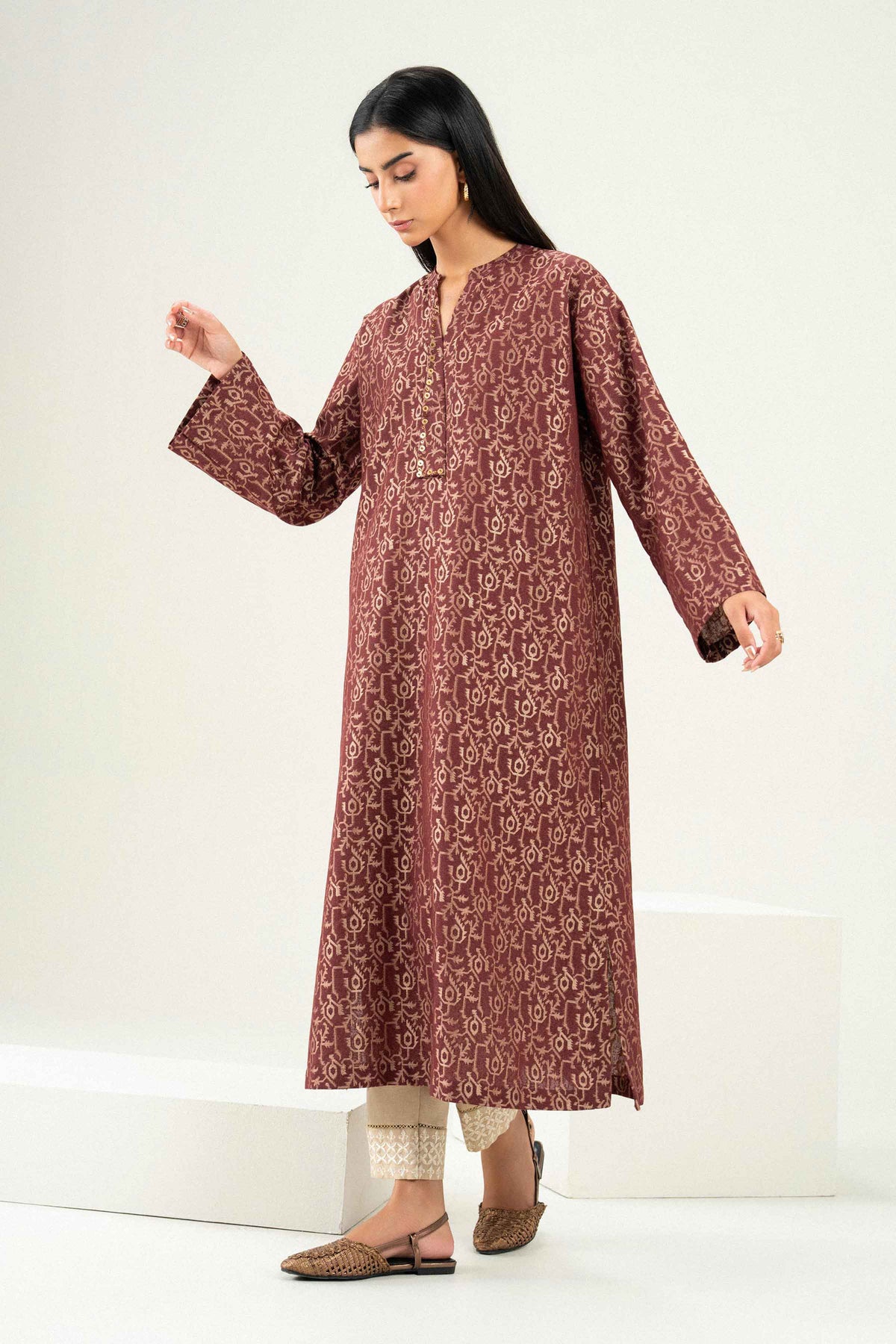 Nishat UK - Brown Printed Jacquard 1 Piece ready to wear Shirt