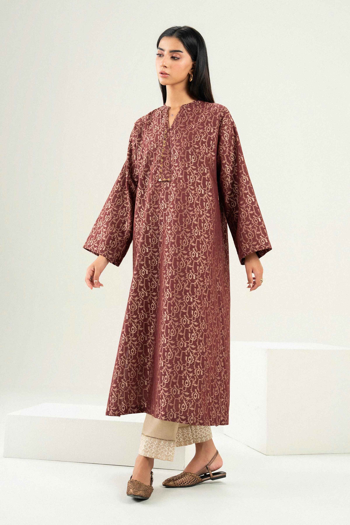 Nishat UK - Brown Printed Jacquard 1 Piece ready to wear Shirt