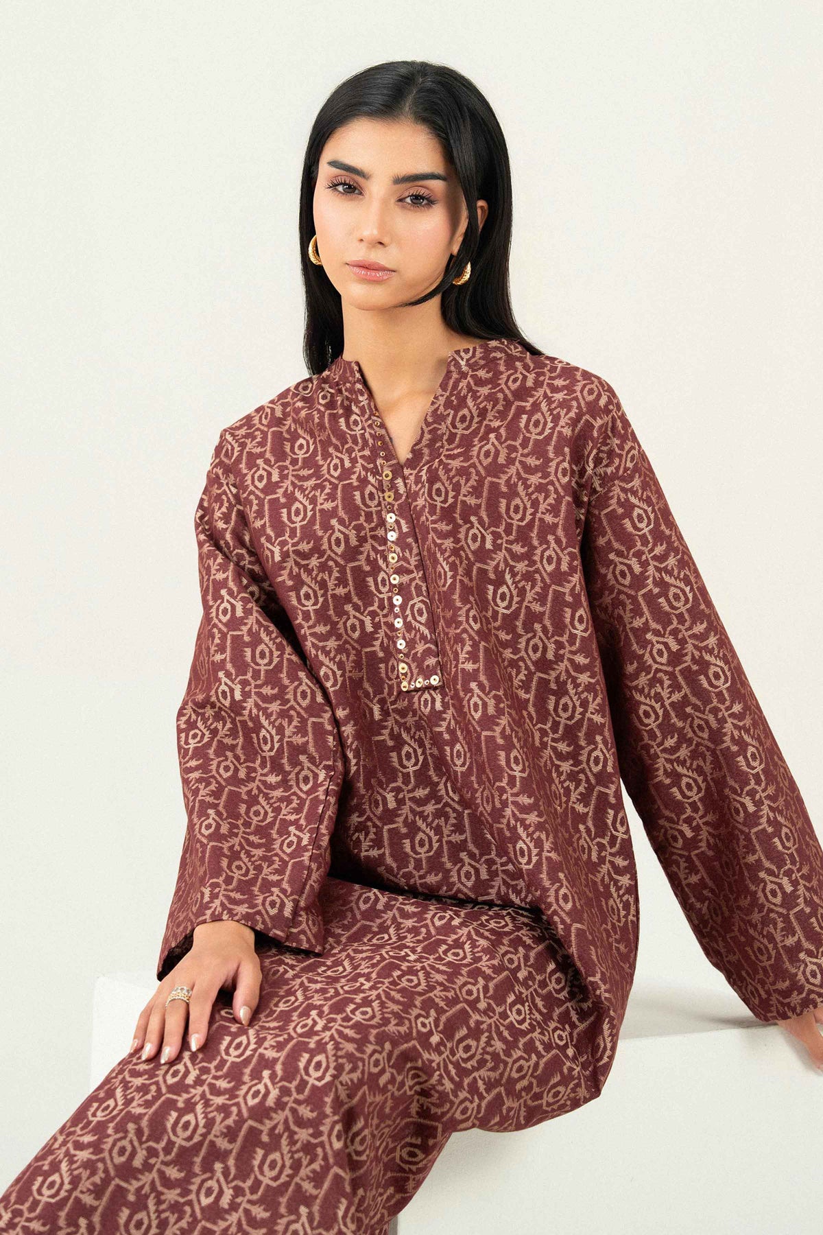 Nishat UK - Brown Printed Jacquard 1 Piece ready to wear Shirt