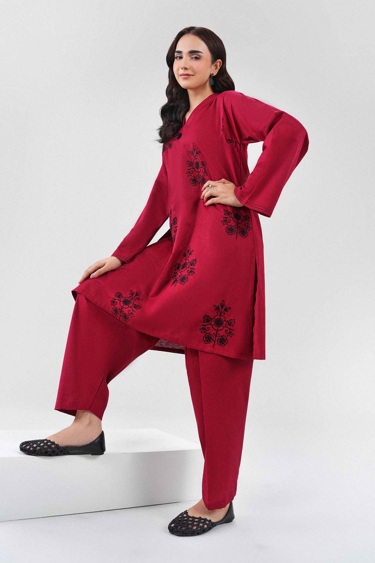 Nishat UK - Red Embroidered Karandi 2 Pieces ready to wear Dress