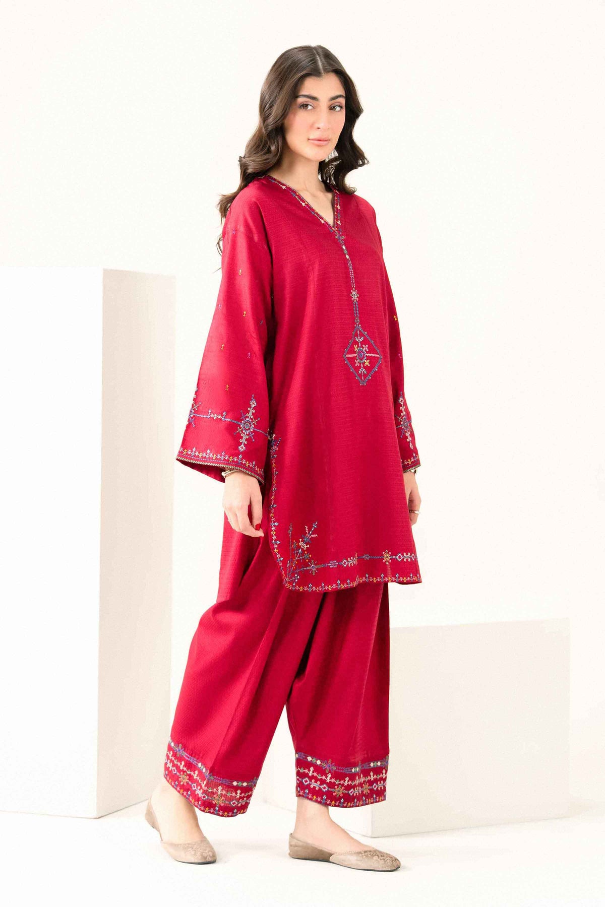 Nishat UK - Red Embroidered Dobby 2 Pieces ready to wear Dress