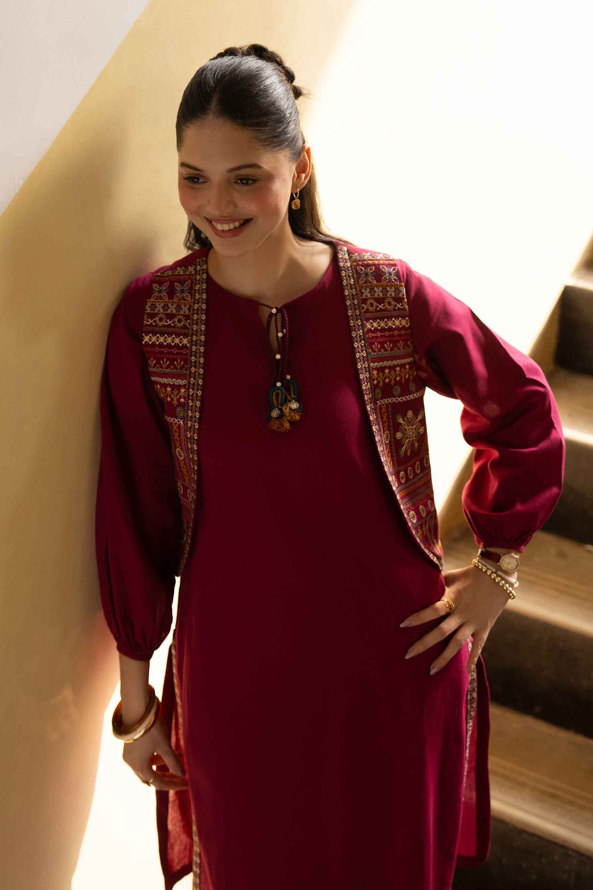 Nishat UK - Magenta Embroidered Khaddar 3 Pieces ready to wear Suit