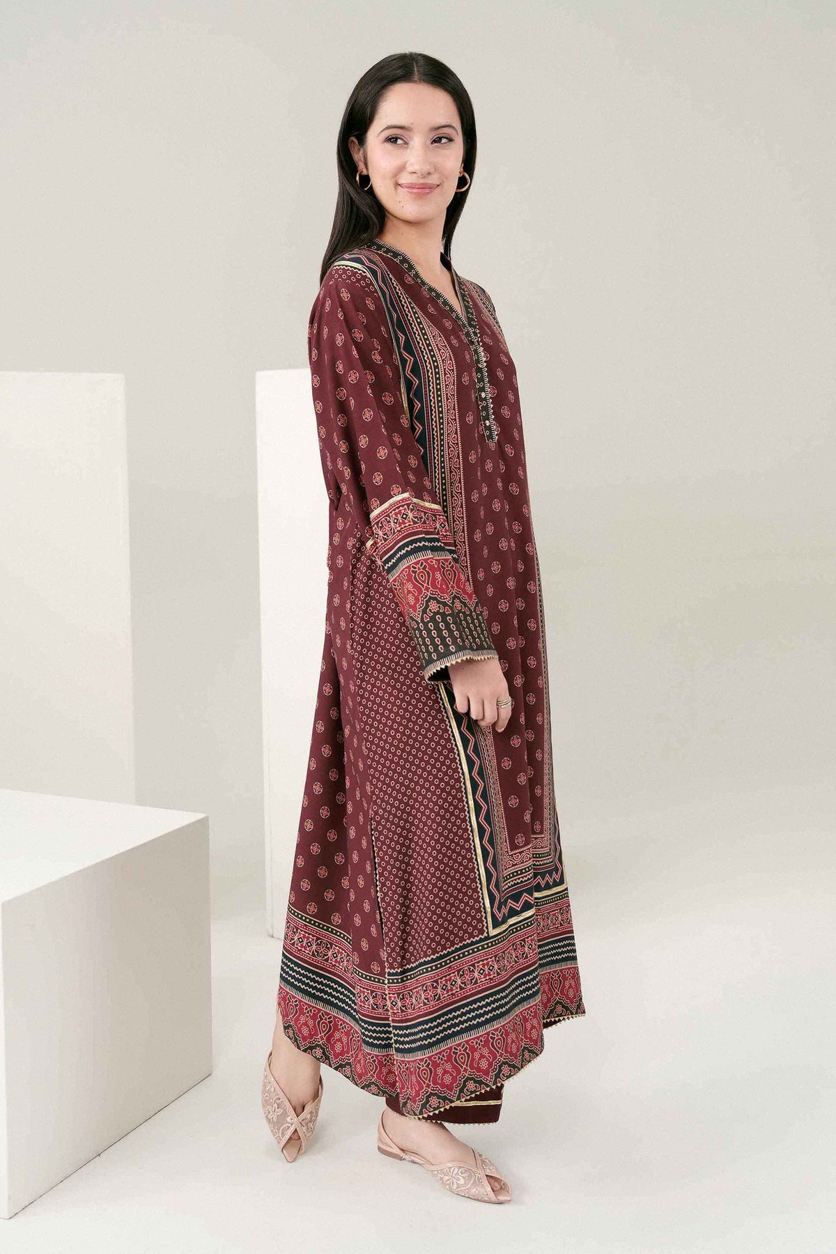 Nishat UK - Maroon Printed Linen 2 Pieces ready to wear Dress