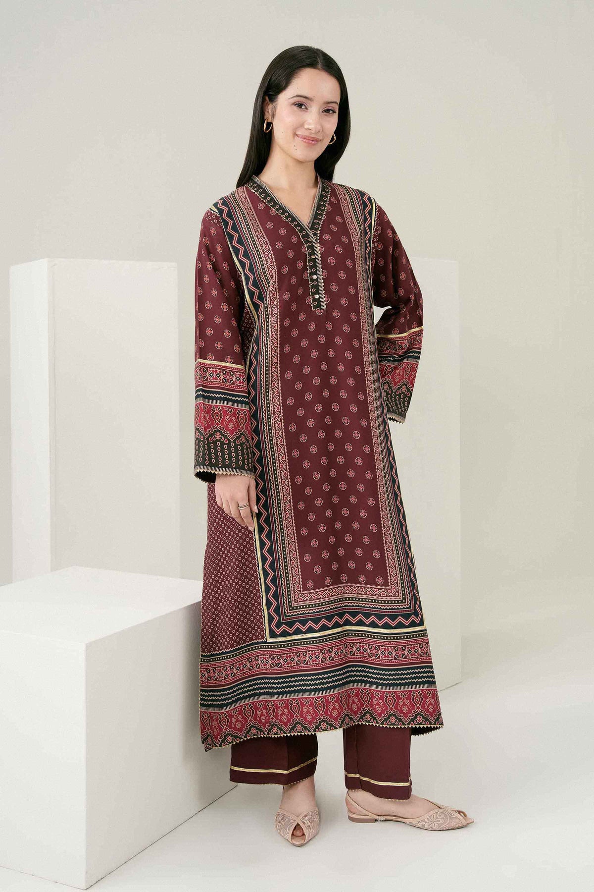 Nishat UK - Maroon Printed Linen 2 Pieces ready to wear Dress
