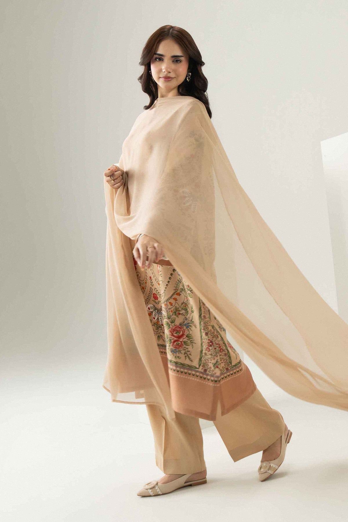 Nishat UK - Beige Printed Satin 3 Pieces ready to wear Suit