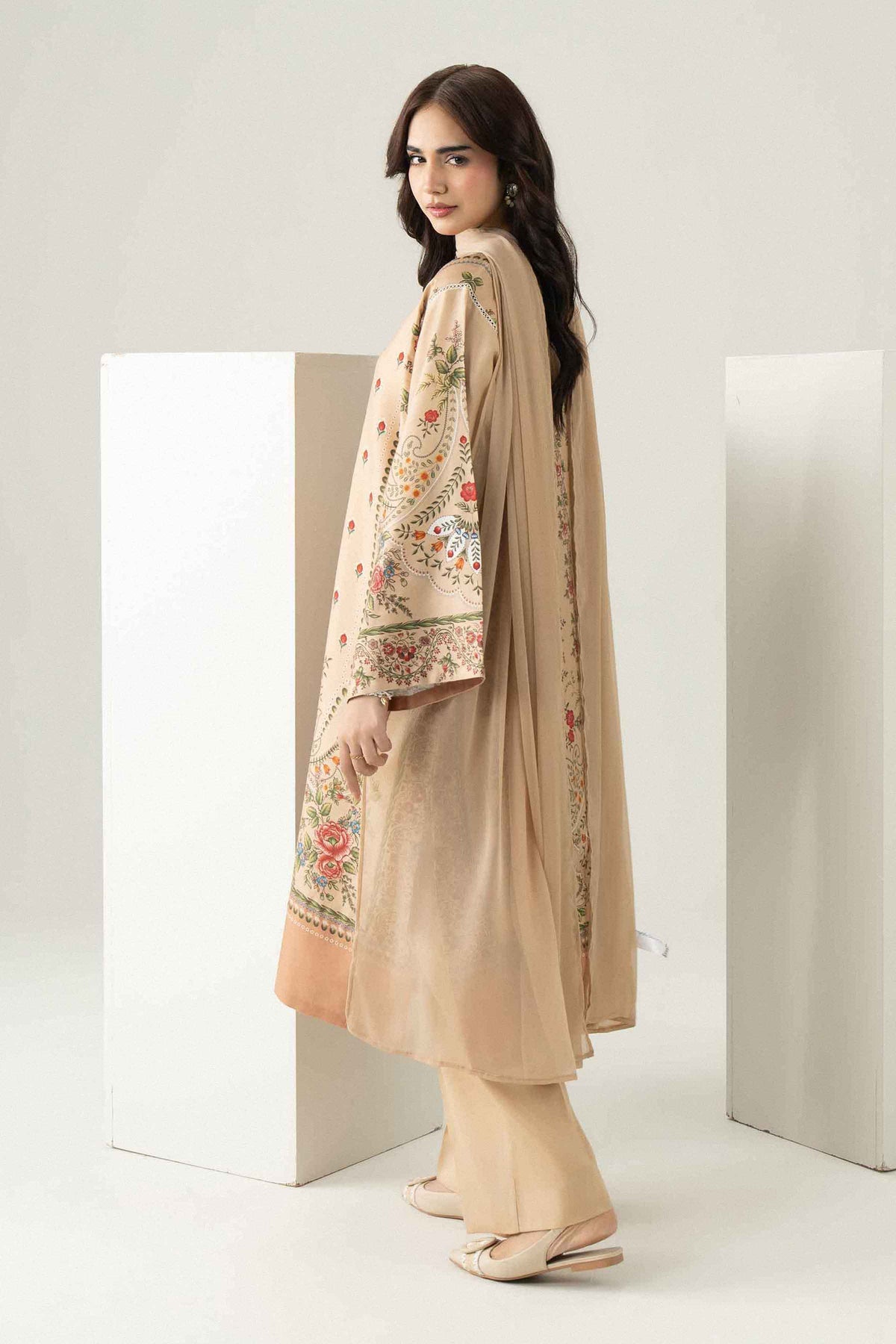 Nishat UK - Beige Printed Satin 3 Pieces ready to wear Suit