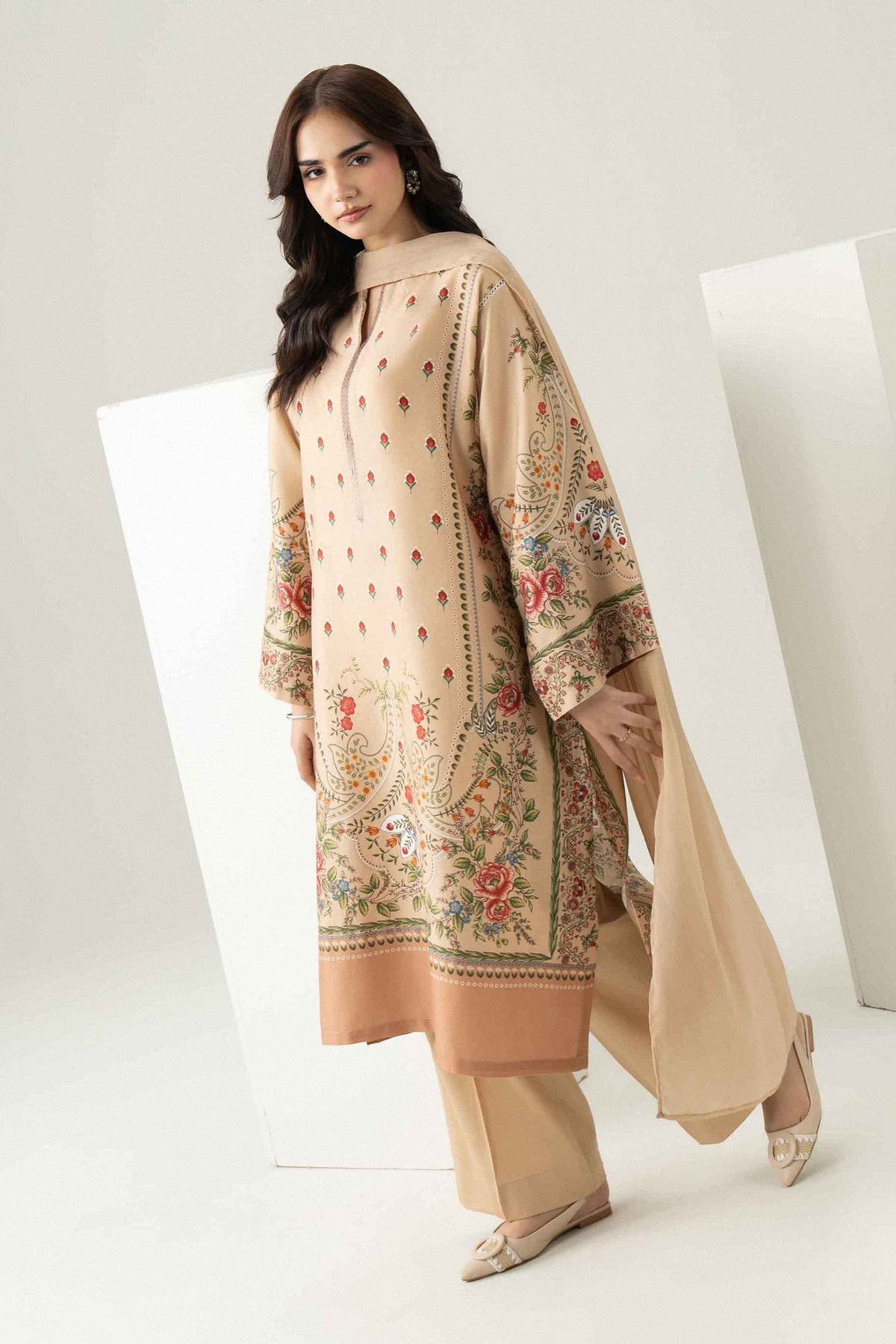 Nishat UK - Beige Printed Satin 3 Pieces ready to wear Suit