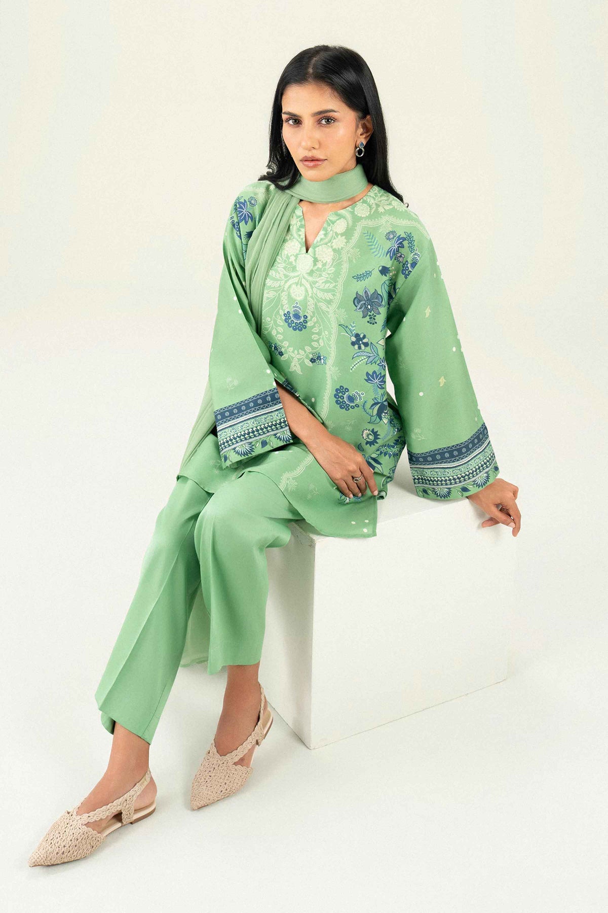 Nishat UK - Green Printed Satin 3 Pieces ready to wear Suit