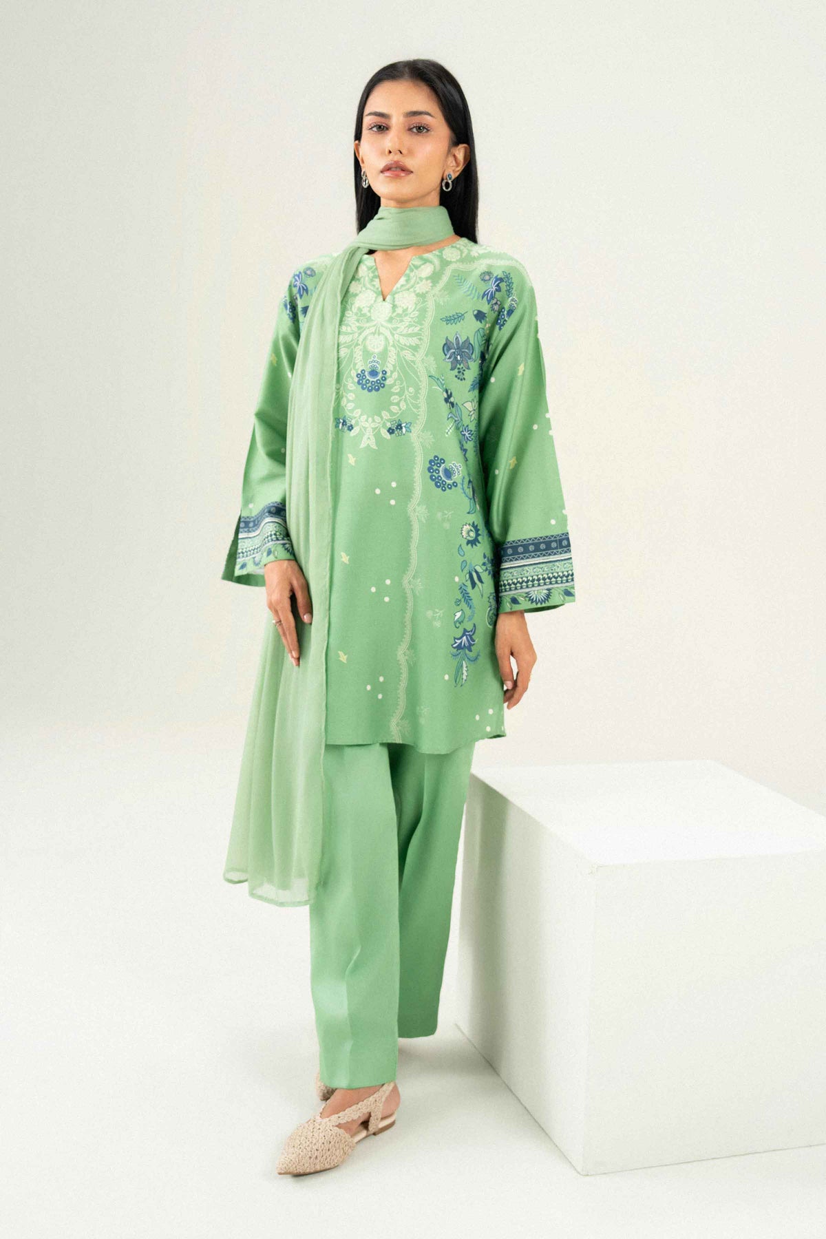 Nishat UK - Green Printed Satin 3 Pieces ready to wear Suit
