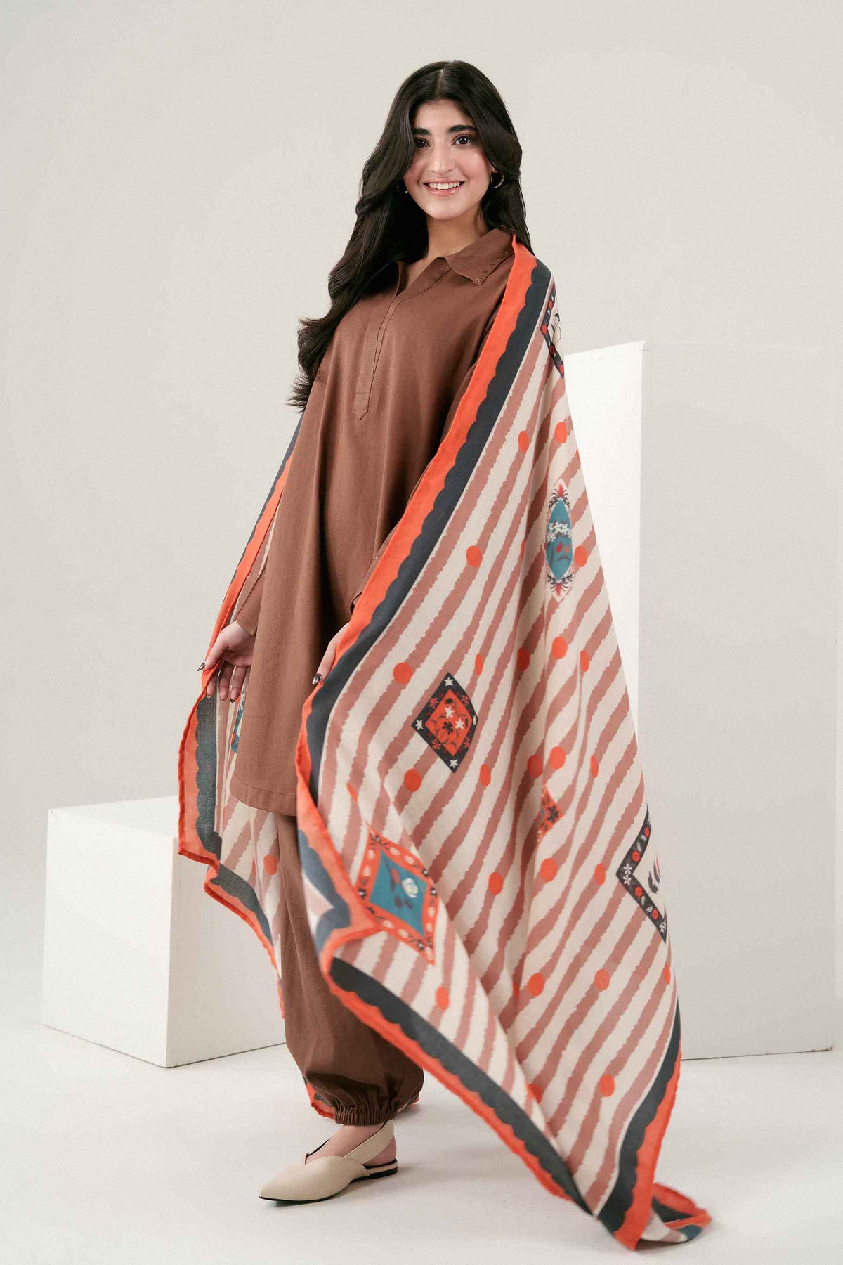 Nishat UK - Brown Printed Khaddar 3 Pieces ready to wear Suit