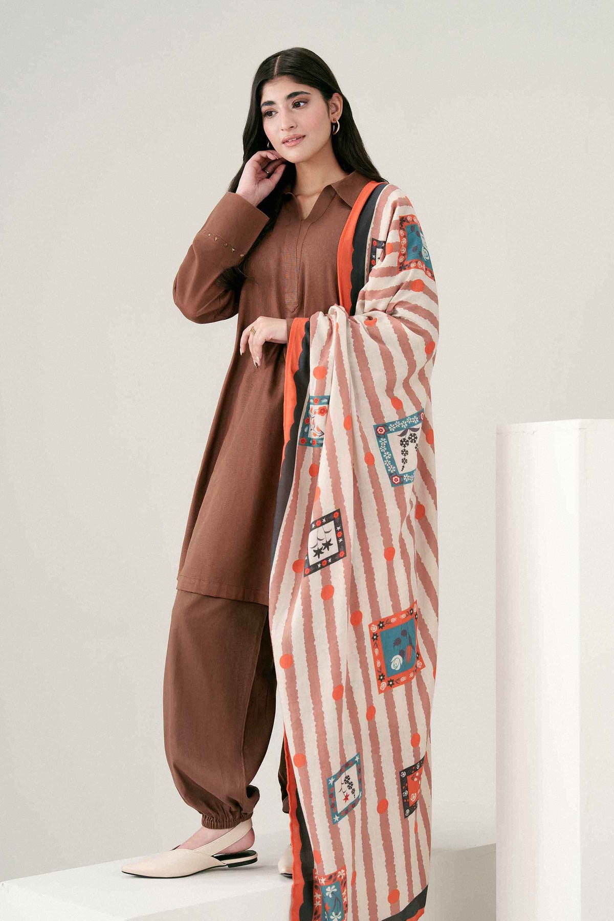 Nishat UK - Brown Printed Khaddar 3 Pieces ready to wear Suit
