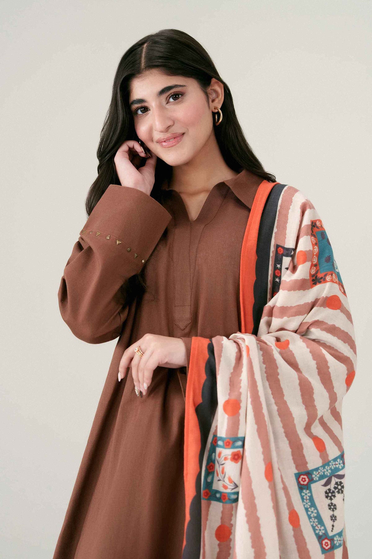 Nishat UK - Brown Printed Khaddar 3 Pieces ready to wear Suit