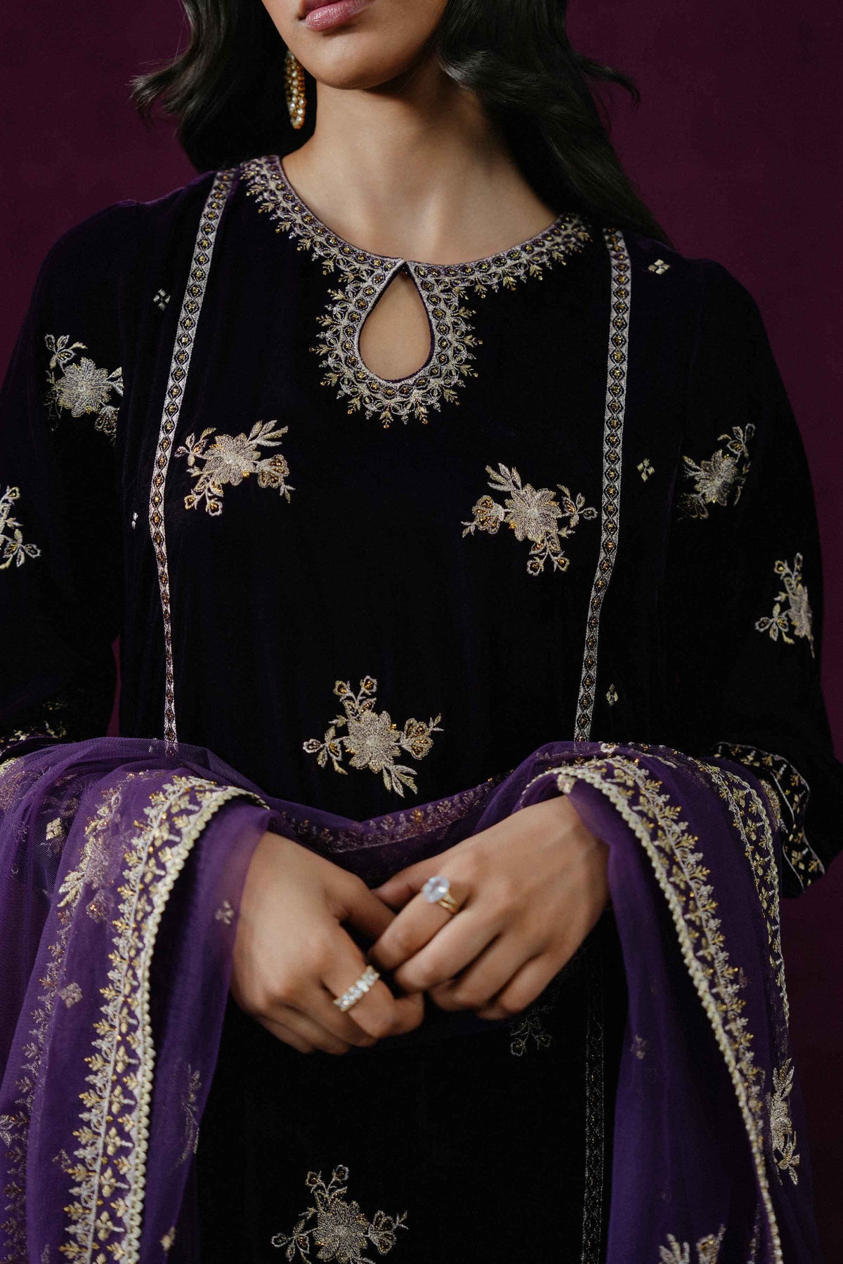 Nishat UK - Purple Embroidered Velvet 3 Pieces ready to wear Suit