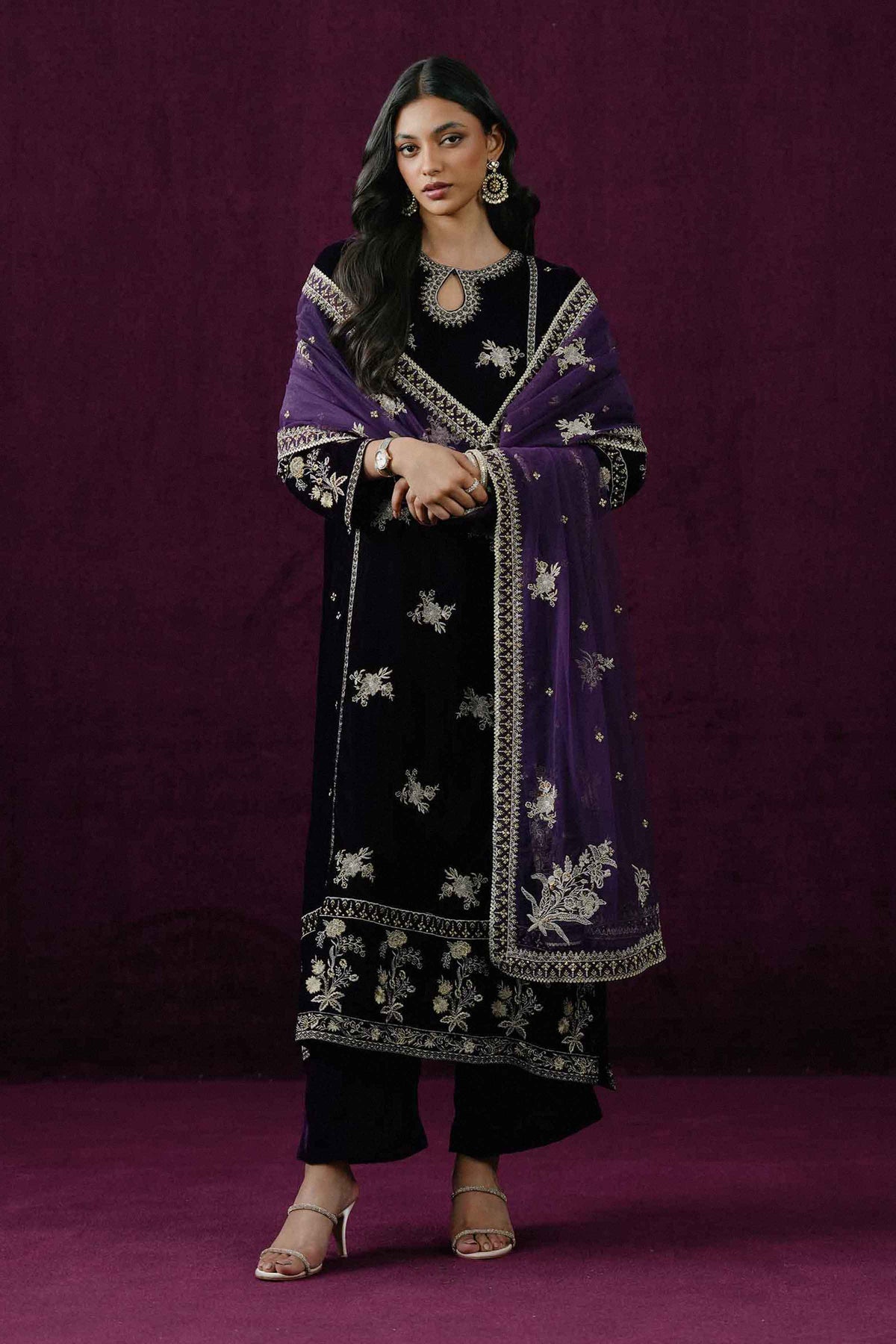 Nishat UK - Purple Embroidered Velvet 3 Pieces ready to wear Suit