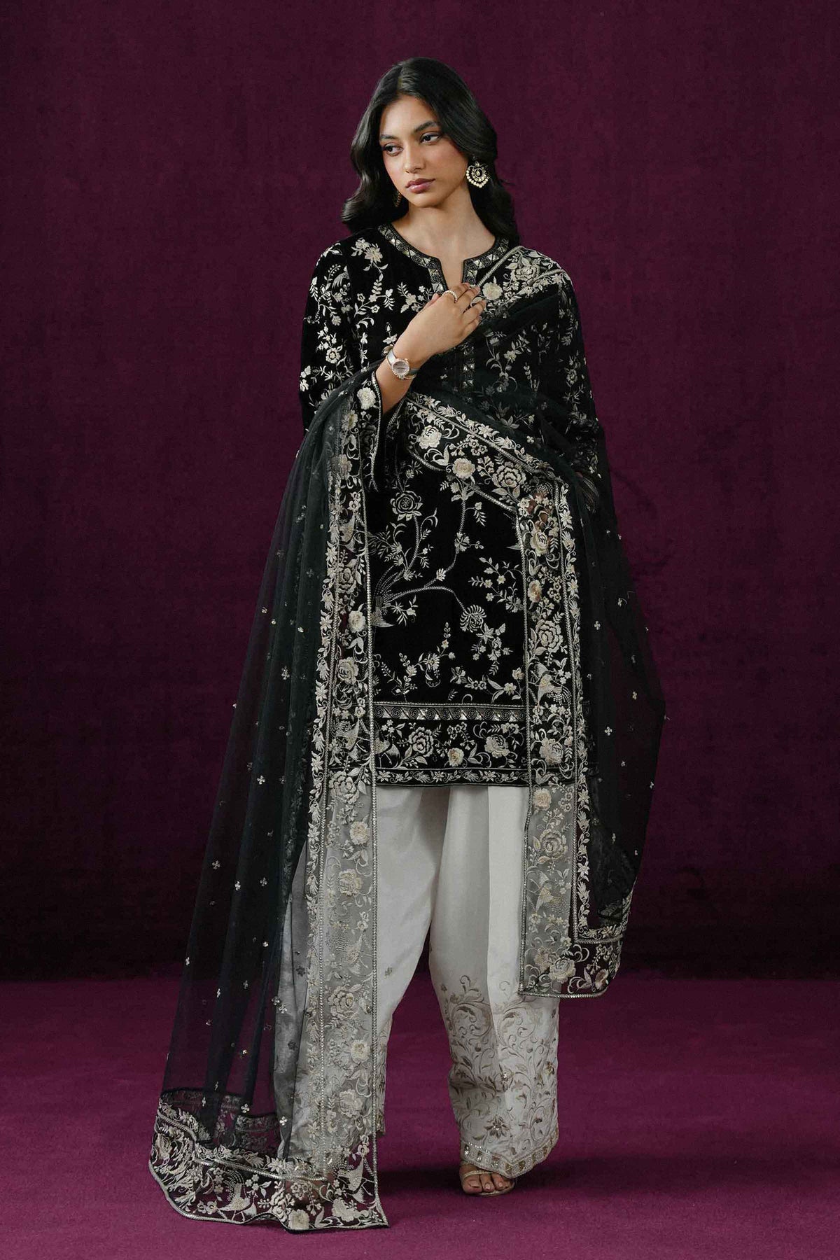 Nishat UK - Black Embroidered Velvet 3 Pieces ready to wear Suit