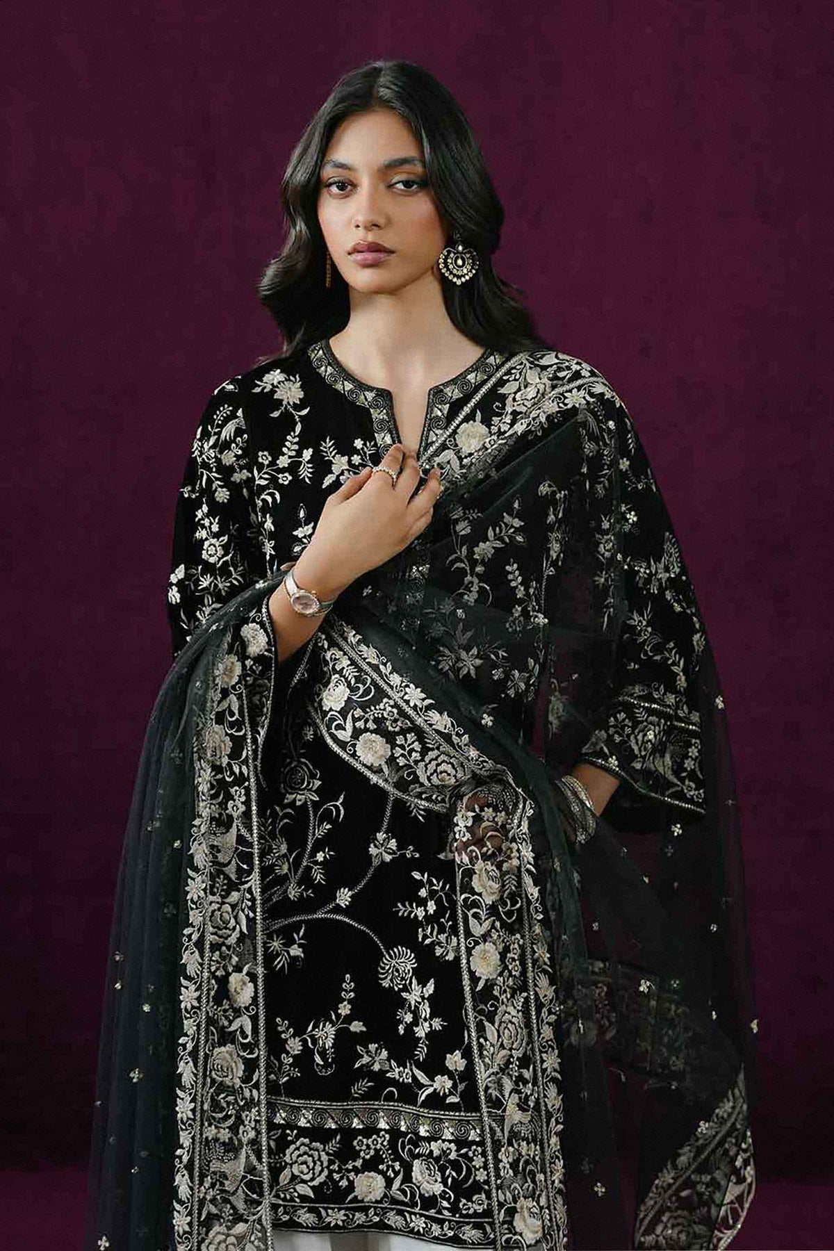 Nishat UK - Black Embroidered Velvet 3 Pieces ready to wear Suit