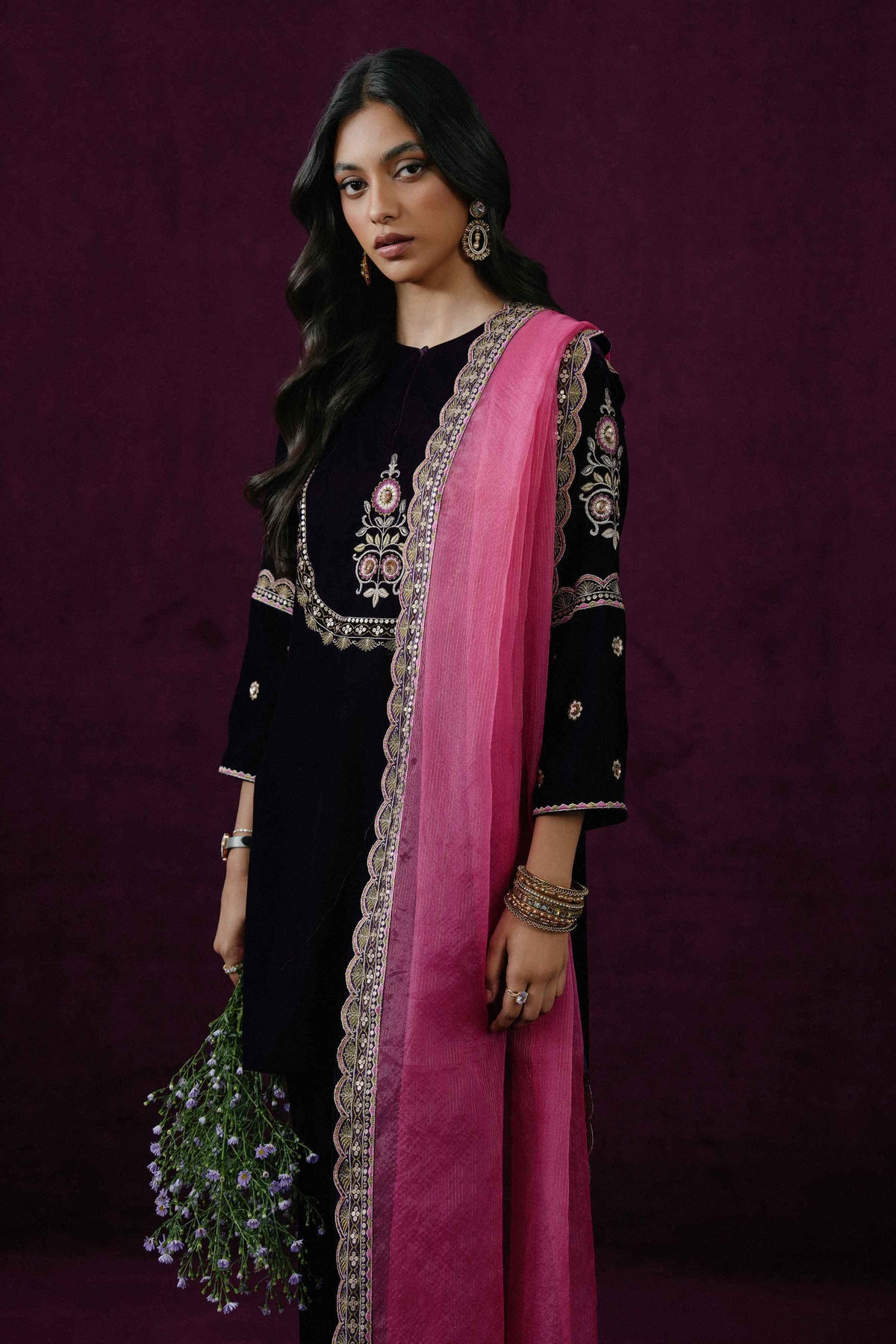 Nishat UK - Purple Embroidered Velvet 3 Pieces ready to wear Suit