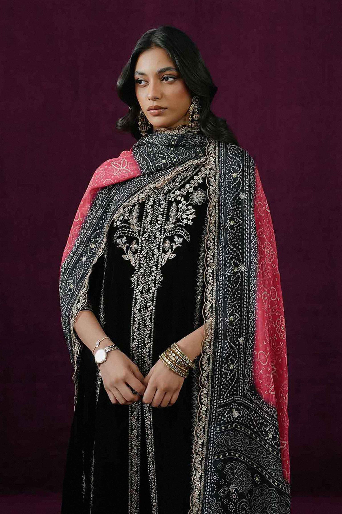 Nishat UK - Black Embroidered Velvet 3 Pieces ready to wear Suit