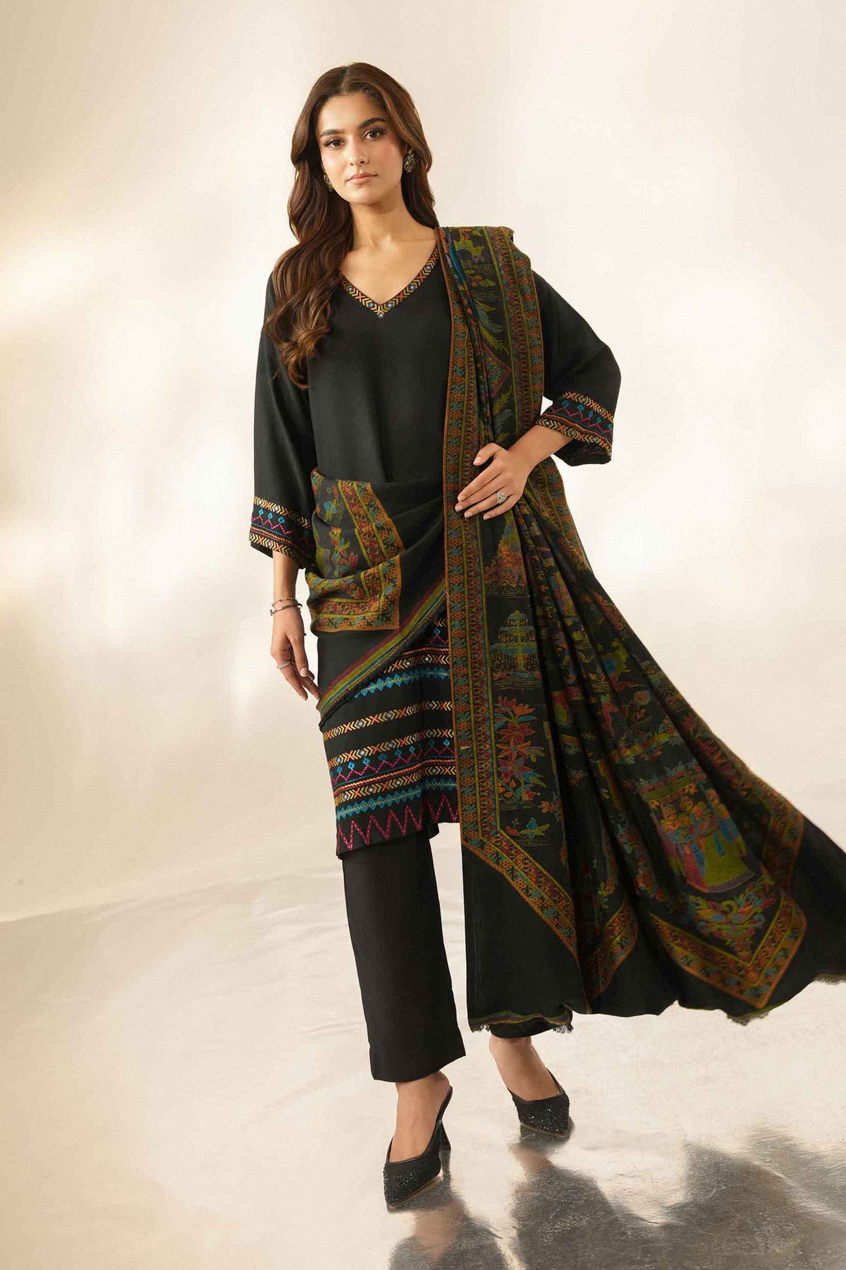 Nishat UK - Black Embroidered Jacquard 3 Pieces ready to wear Suit