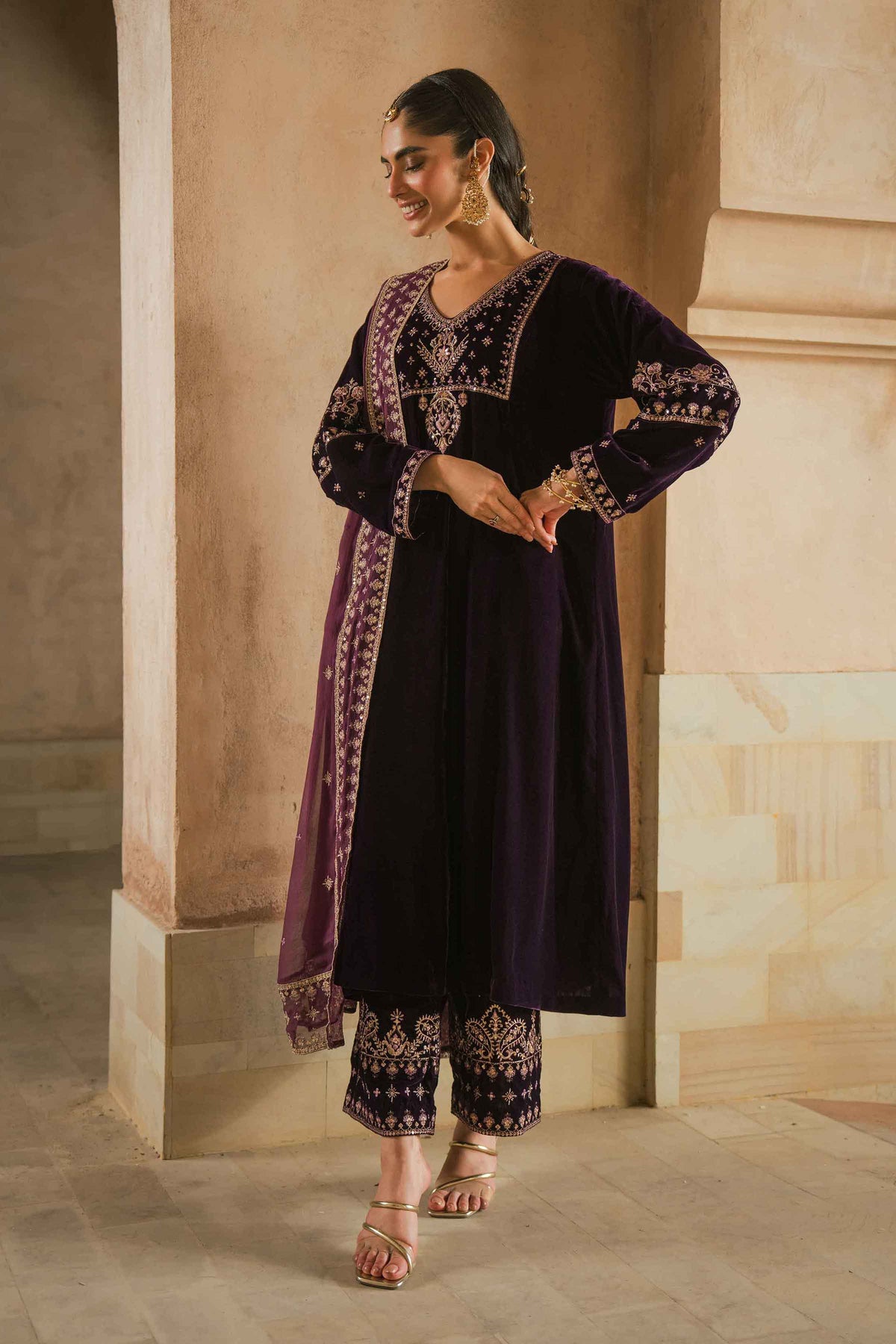 Nishat UK - Purple Embroidered Velvet 3 Pieces ready to wear luxury Suit