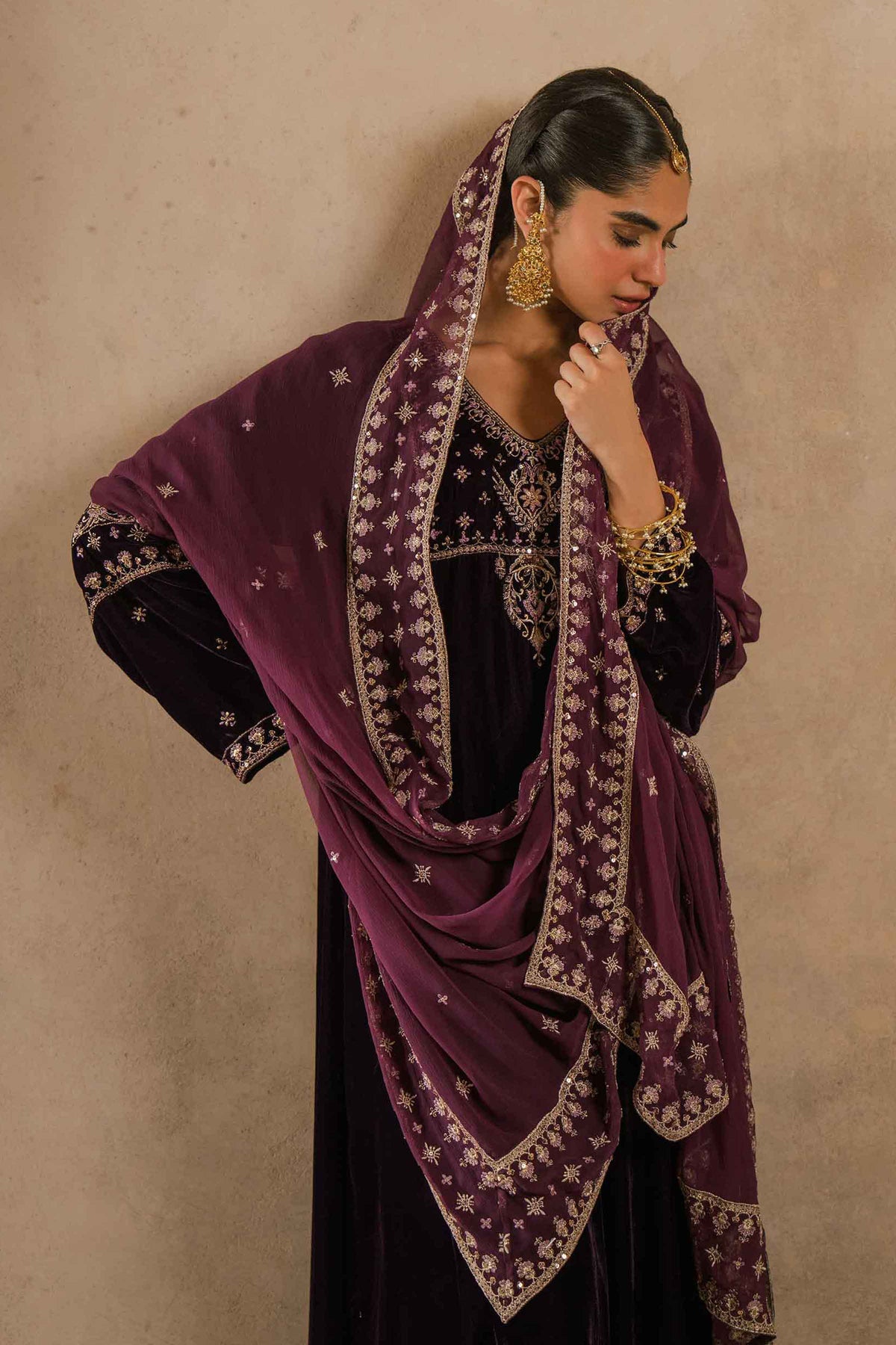 Nishat UK - Purple Embroidered Velvet 3 Pieces ready to wear luxury Suit