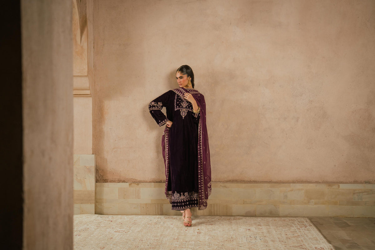 Nishat UK - Purple Embroidered Velvet 3 Pieces ready to wear luxury Suit
