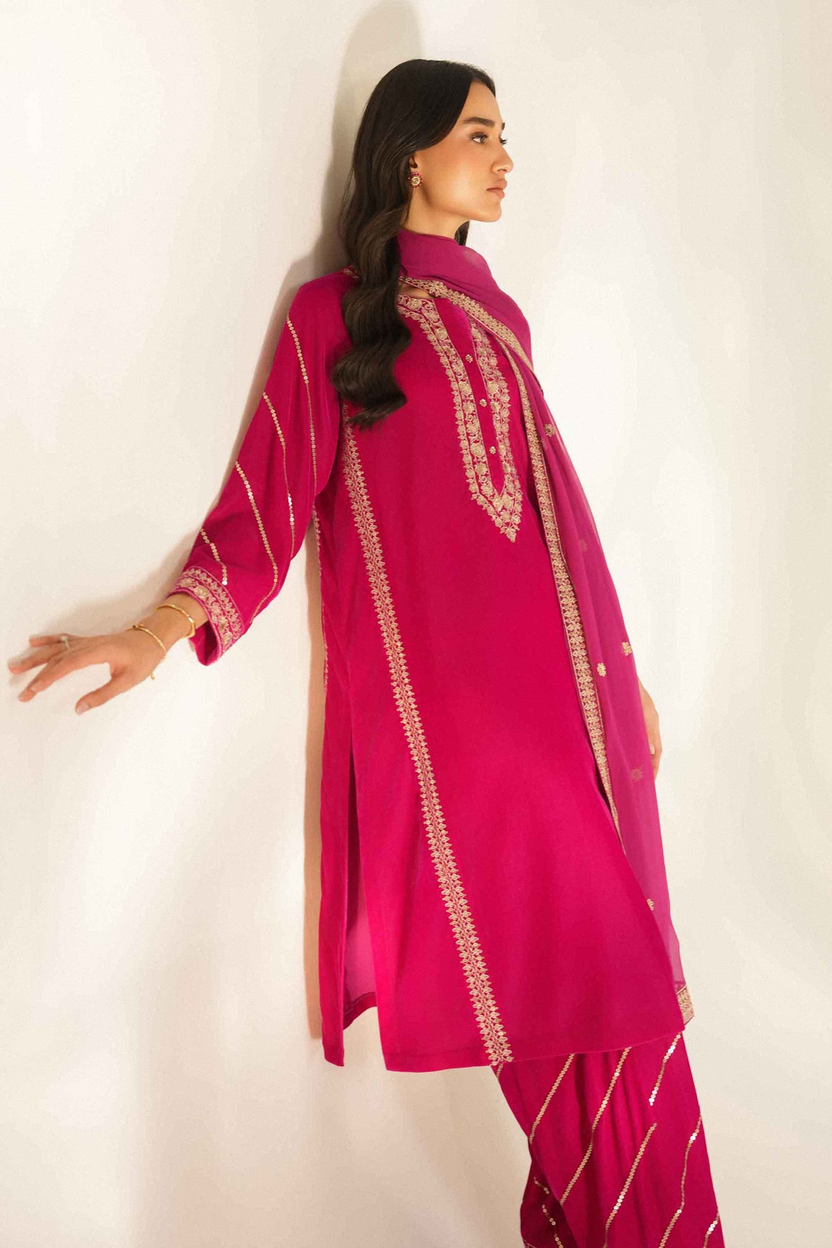 Nishat UK - Pink Embroidered Velvet 3 Pieces ready to wear Suit
