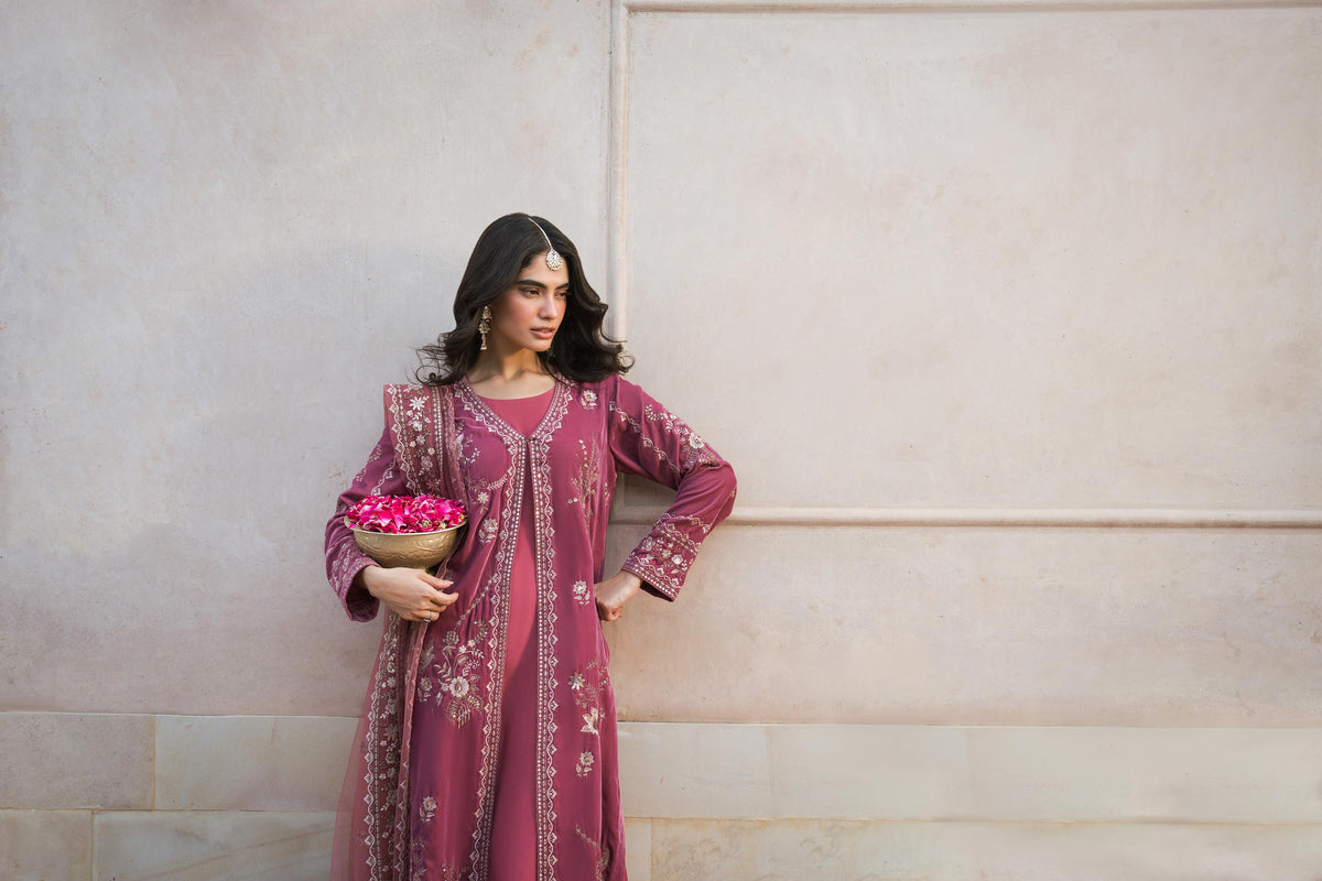 Nishat UK - Mauve-Pink Embroidered Velvet 3 Pieces ready to wear luxury Suit