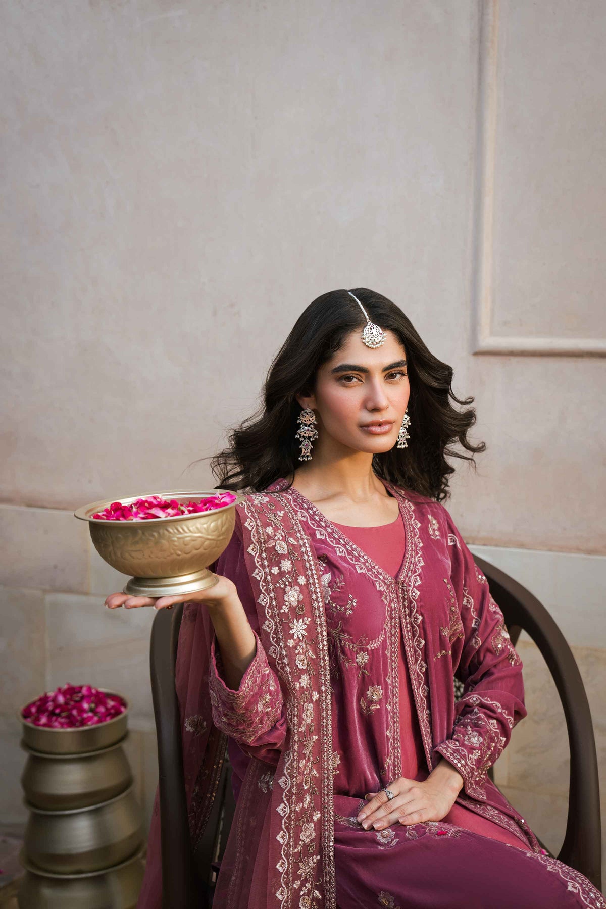 Nishat UK - Mauve-Pink Embroidered Velvet 3 Pieces ready to wear luxury Suit