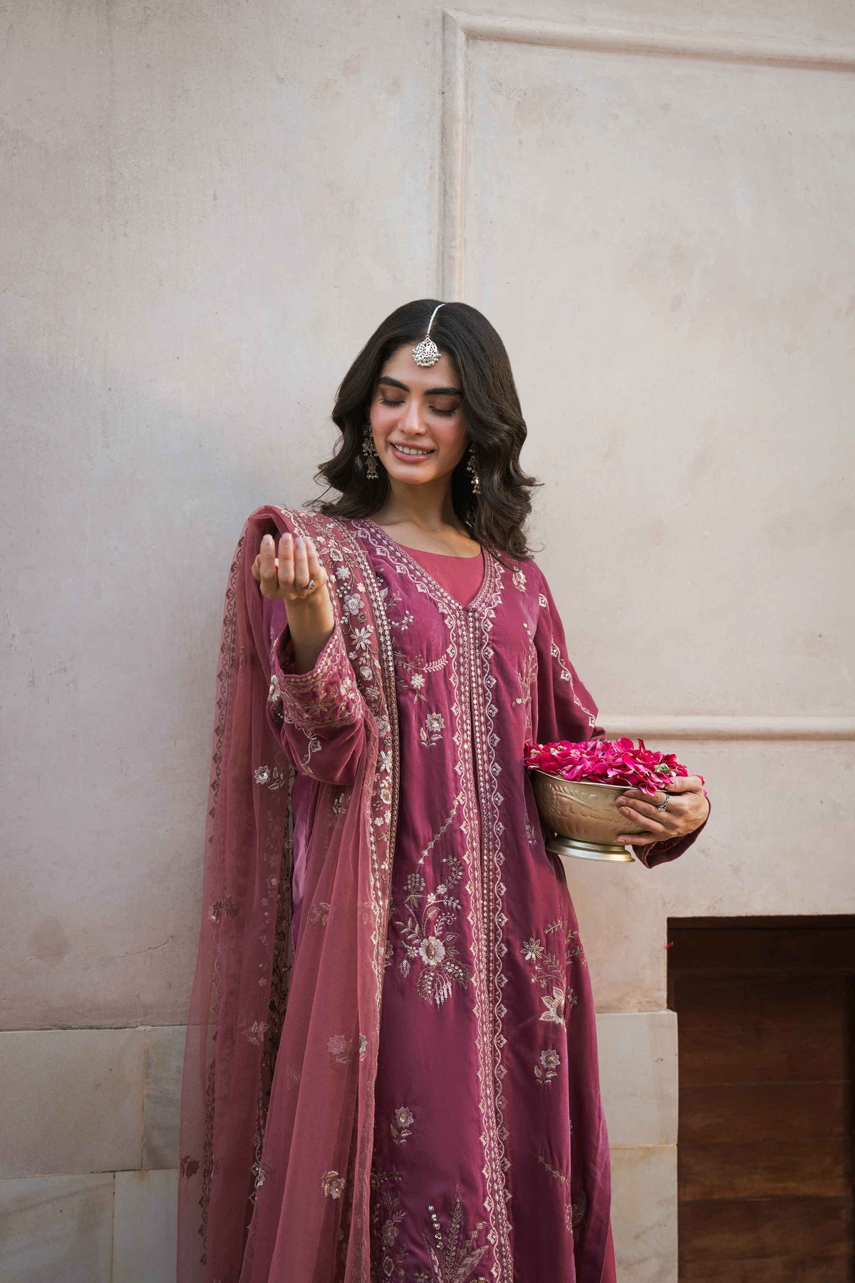 Nishat UK - Mauve-Pink Embroidered Velvet 3 Pieces ready to wear luxury Suit