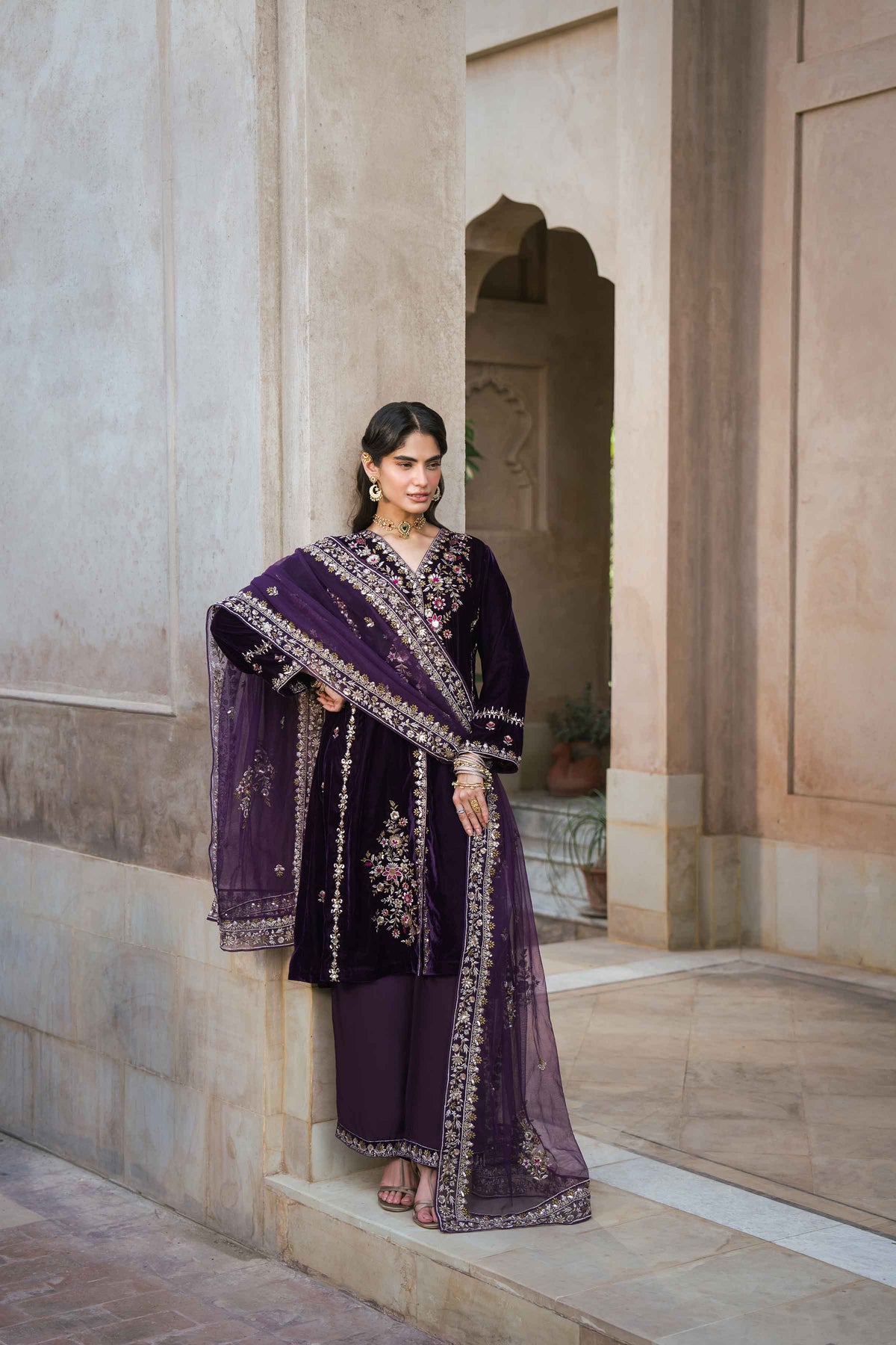 Nishat UK - Plum Embroidered Velvet 3 Pieces ready to wear luxury Suit