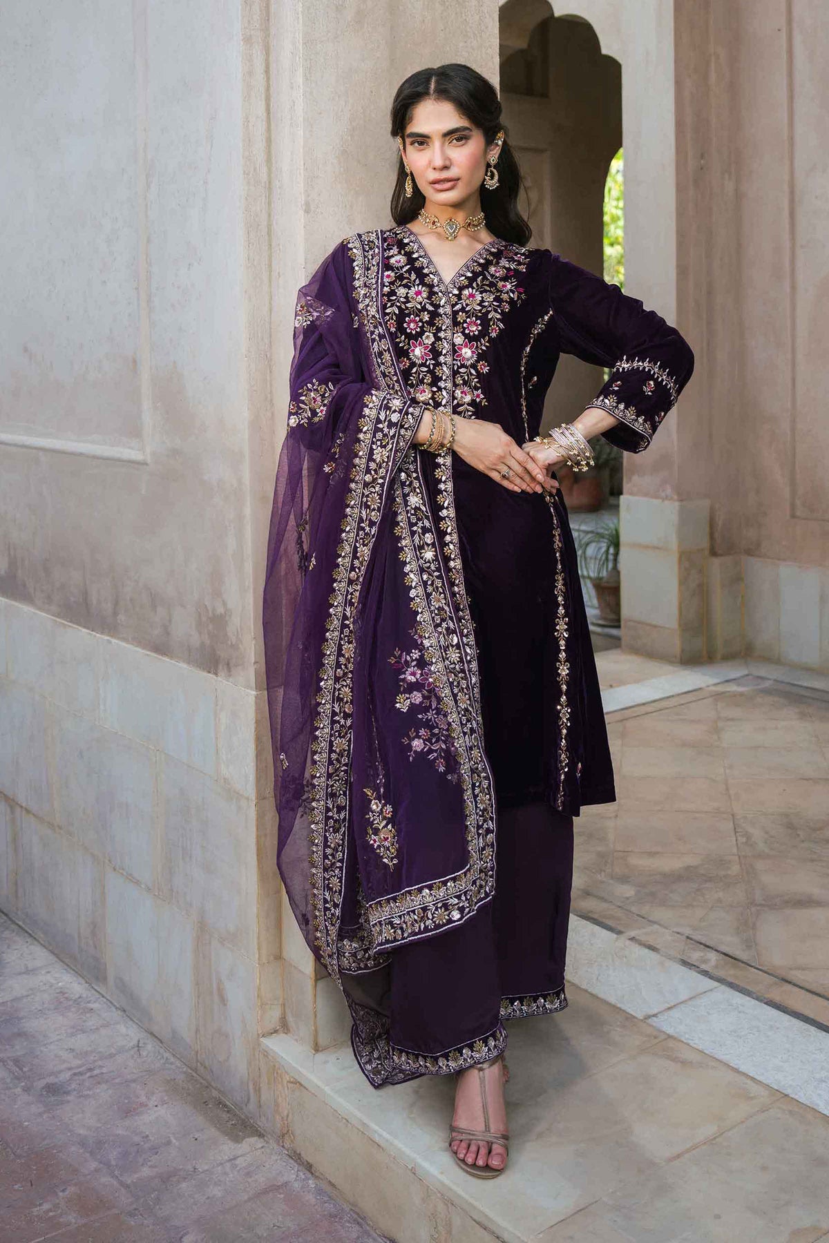 Nishat UK - Plum Embroidered Velvet 3 Pieces ready to wear luxury Suit