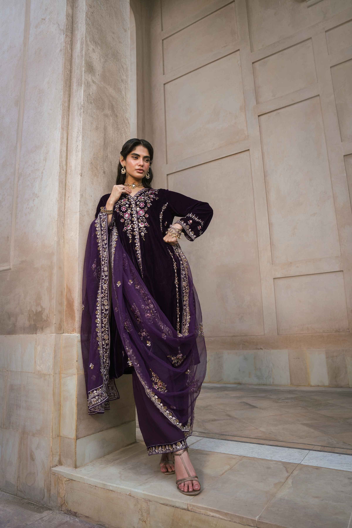Nishat UK - Plum Embroidered Velvet 3 Pieces ready to wear luxury Suit