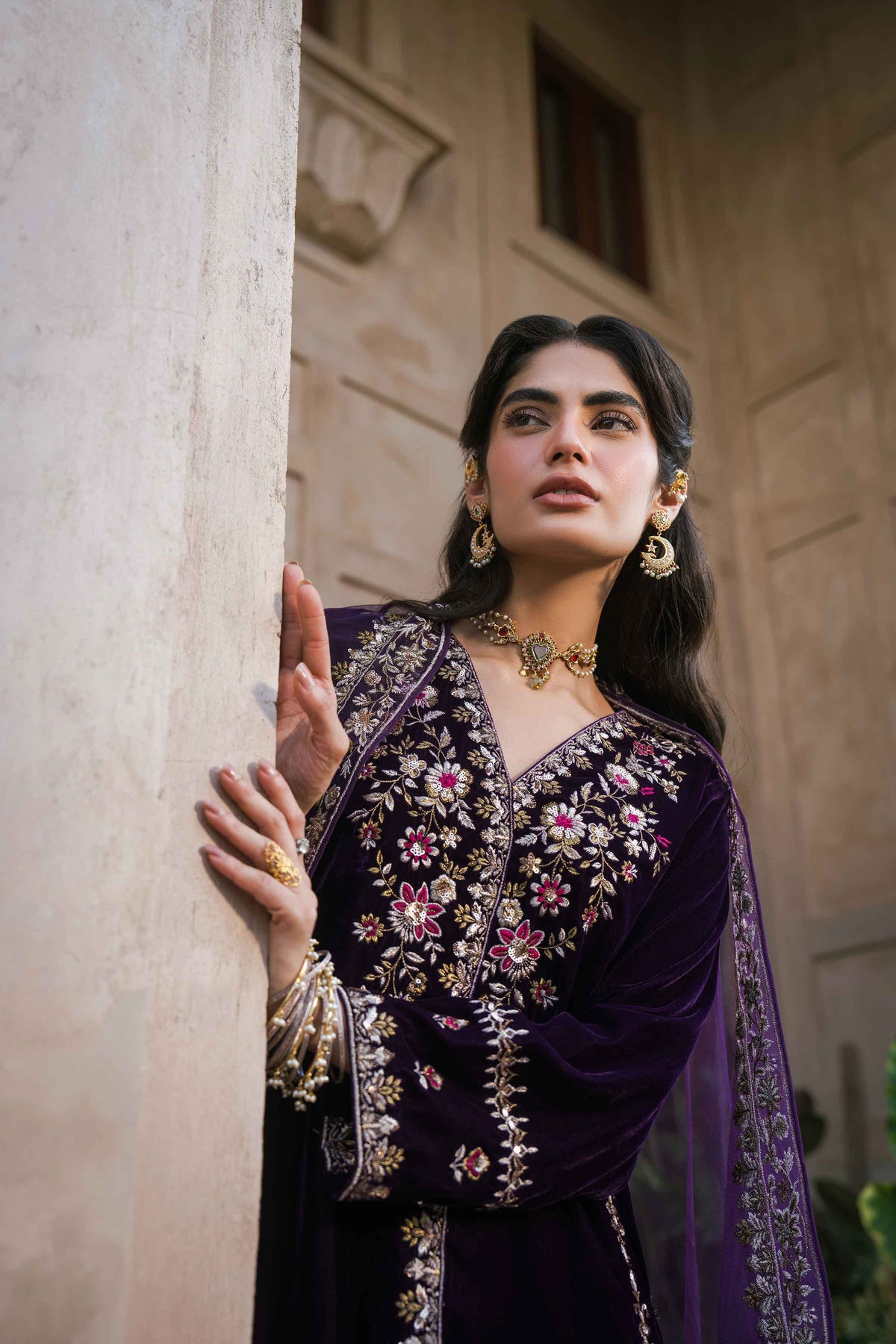 Nishat UK - Plum Embroidered Velvet 3 Pieces ready to wear luxury Suit