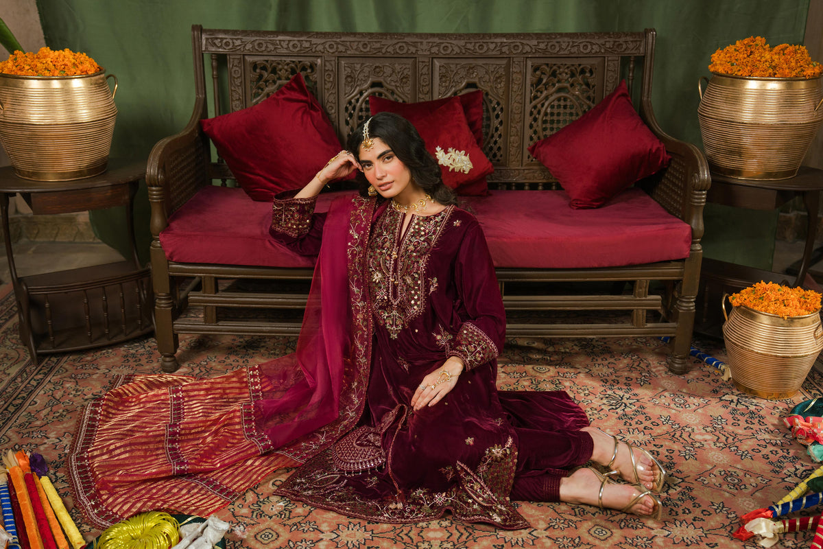 Nishat UK - Red Embroidered Velvet 3 Pieces ready to wear luxury Suit