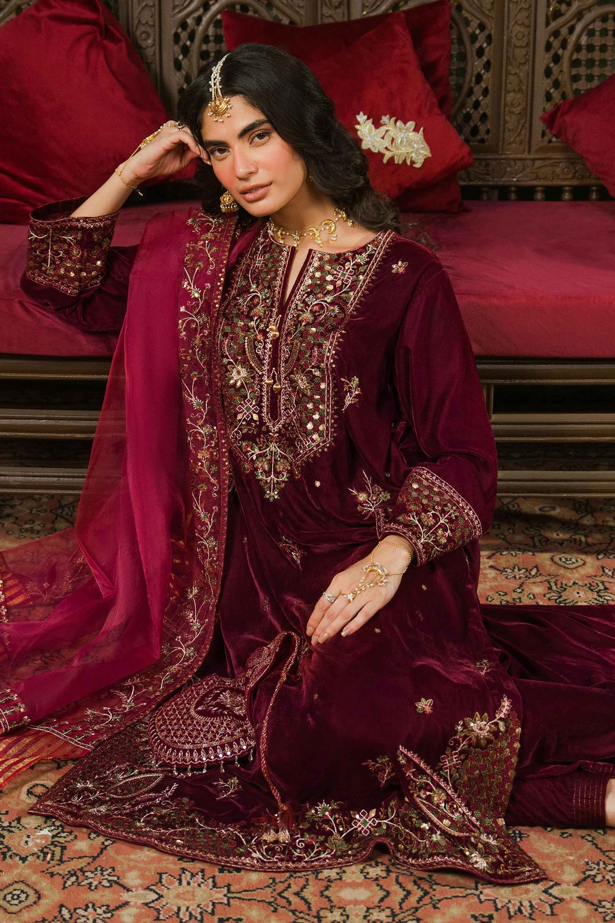 Nishat UK - Red Embroidered Velvet 3 Pieces ready to wear luxury Suit