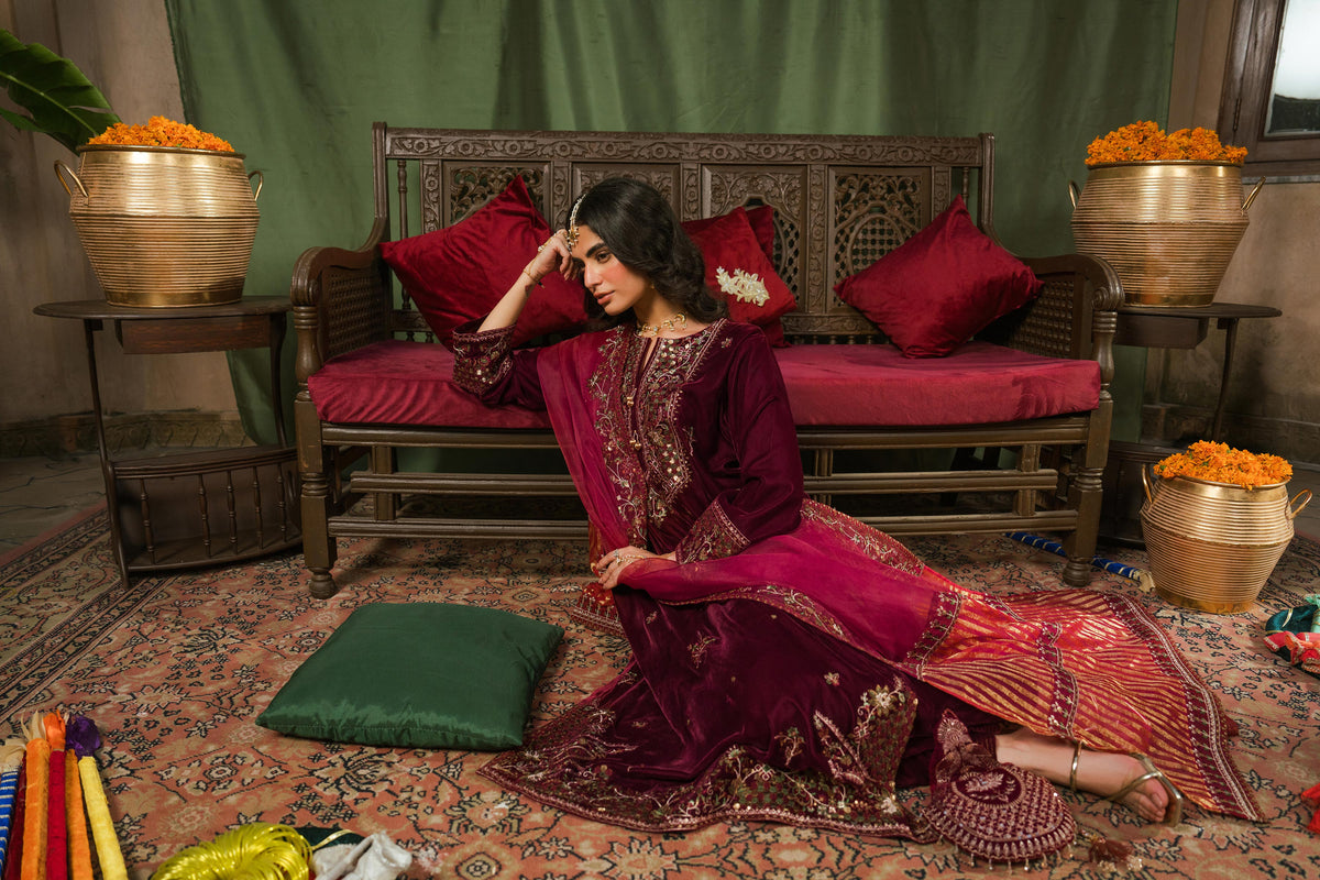 Nishat UK - Red Embroidered Velvet 3 Pieces ready to wear luxury Suit