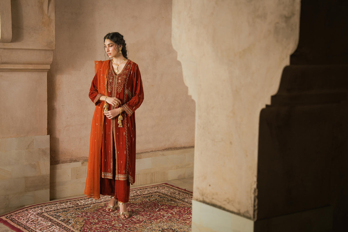 Nishat UK - Burnt Orange Embroidered Velvet 3 Pieces ready to wear luxury Suit